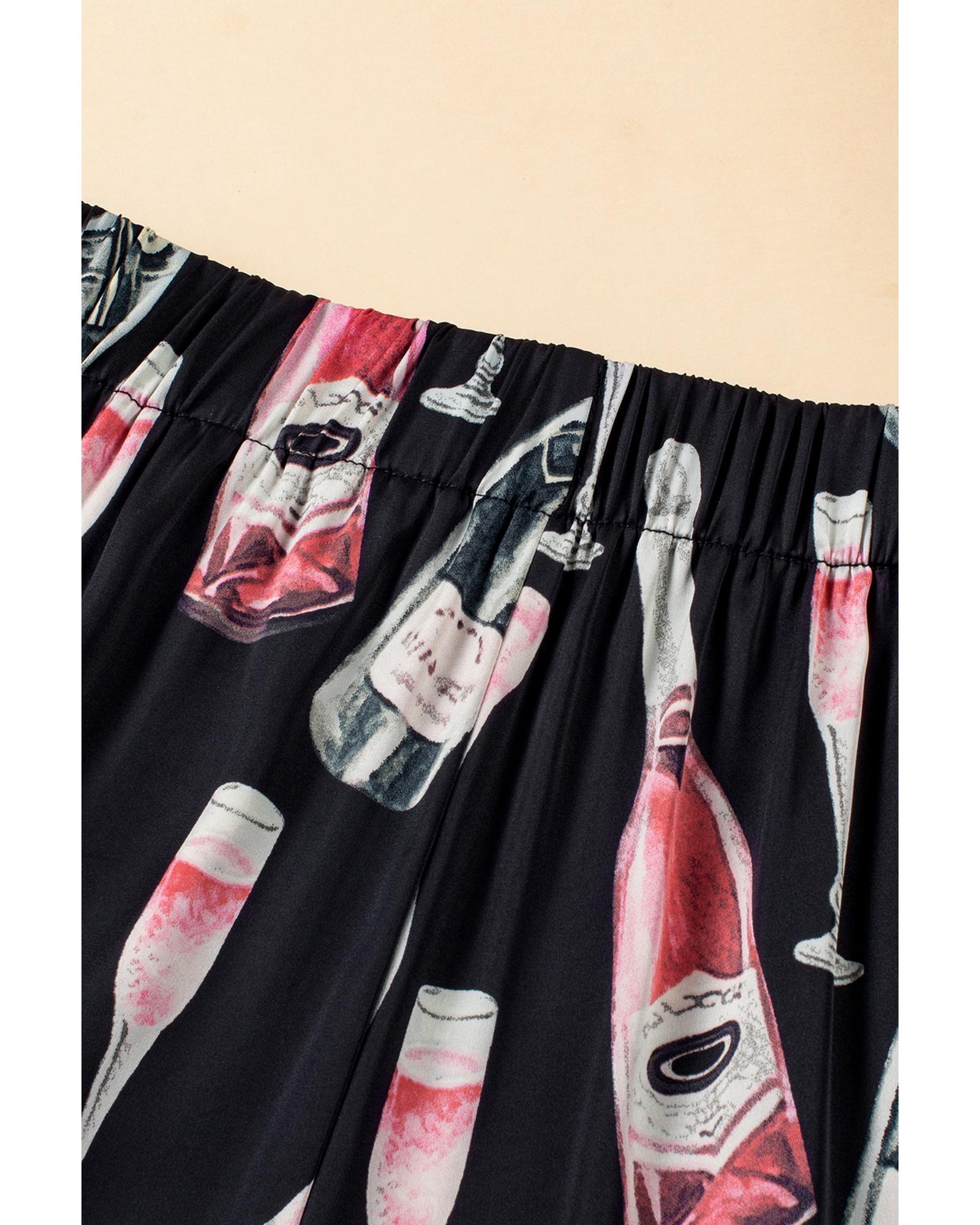 Black Champagne Print Silky Short Sleeve Pajamas Set - XL 7