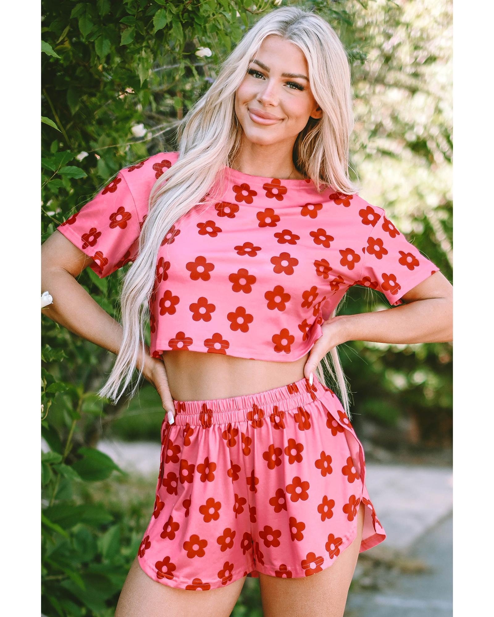 Rose Floral Print Crop Tee and Shorts Lounge Set - L