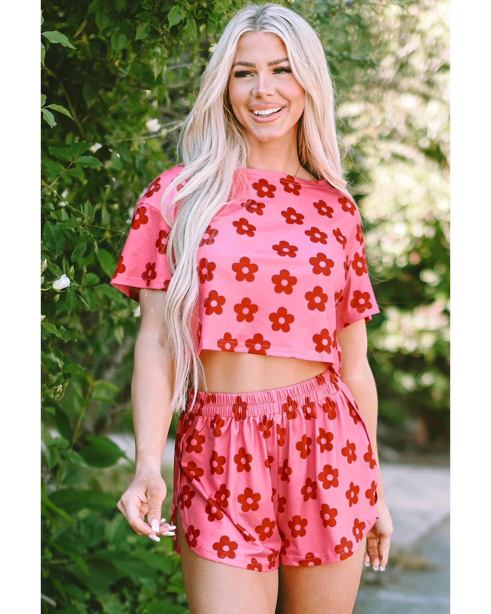 Rose Floral Print Crop Tee and Shorts Lounge Set - L 3