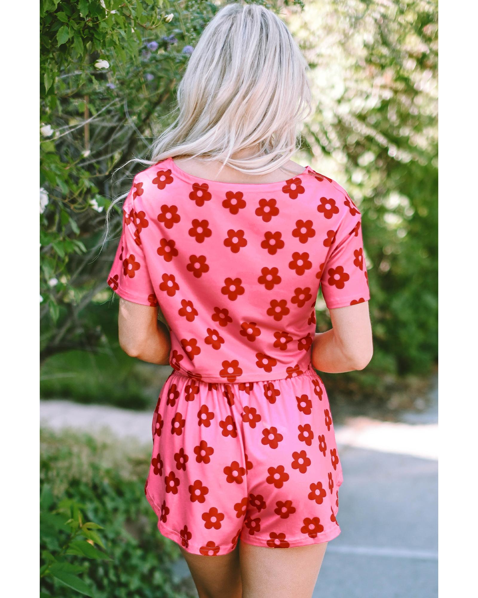 Rose Floral Print Crop Tee and Shorts Lounge Set - L 4
