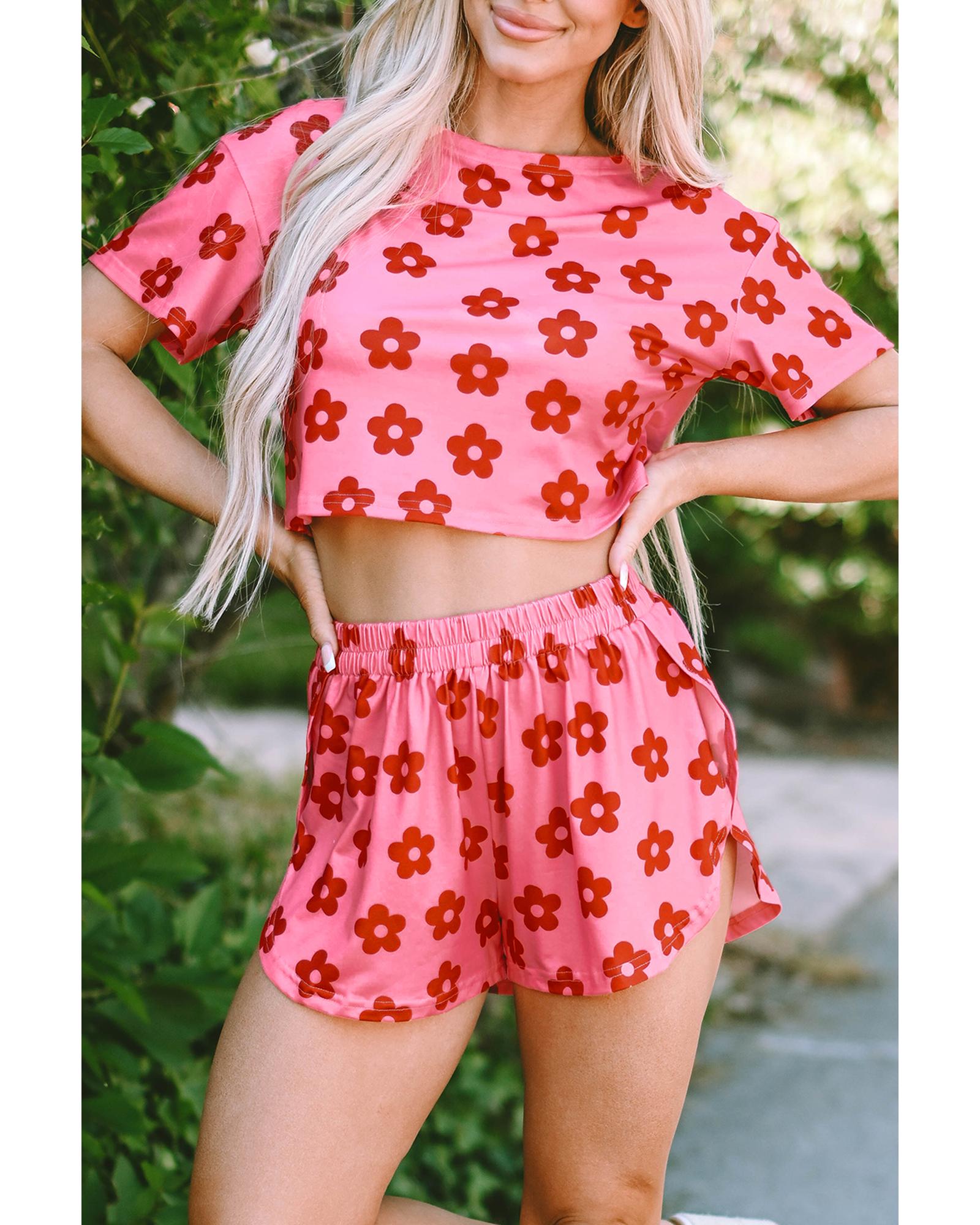 Rose Floral Print Crop Tee and Shorts Lounge Set - L 5