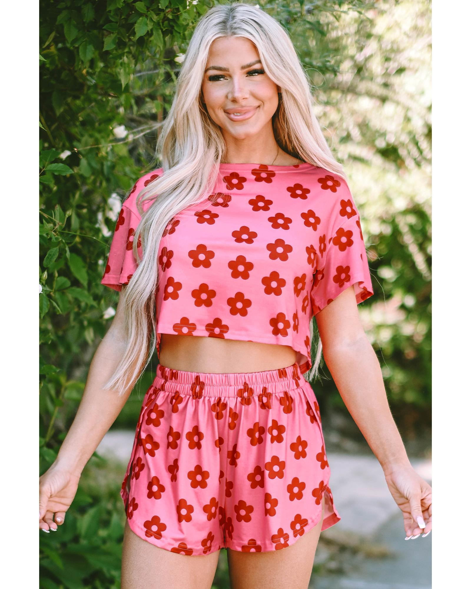 Rose Floral Print Crop Tee and Shorts Lounge Set - L 7