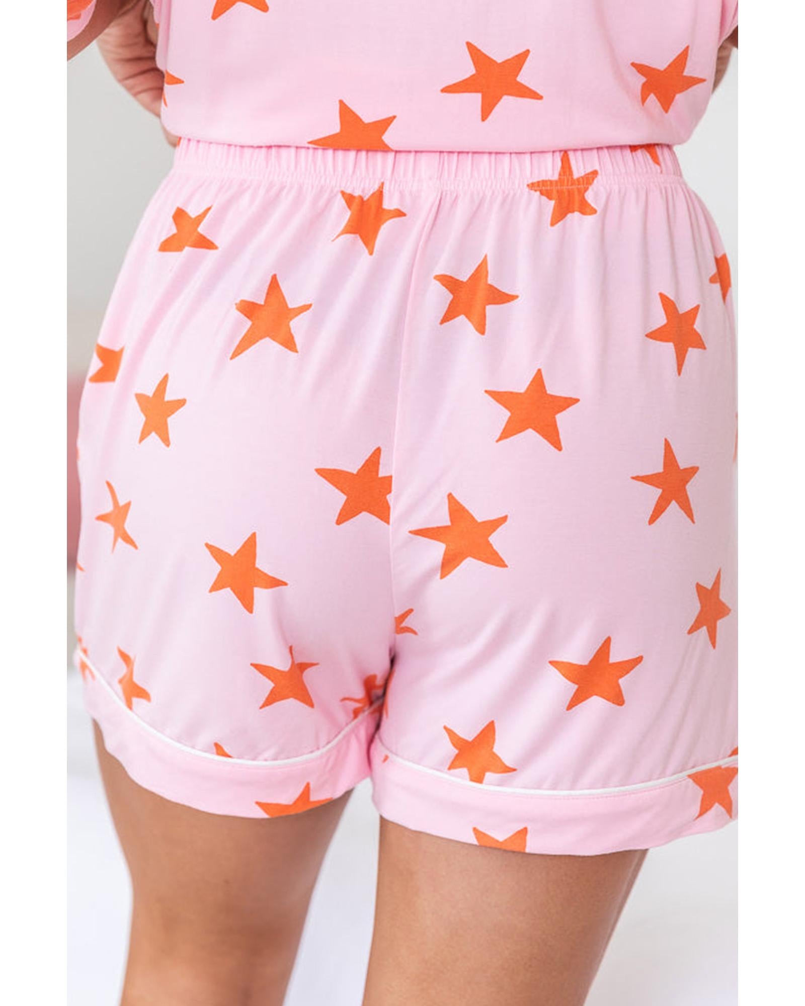 Pink Stars Short Sleeve Shirt and Shorts Bamboo Pajama Set - S 7