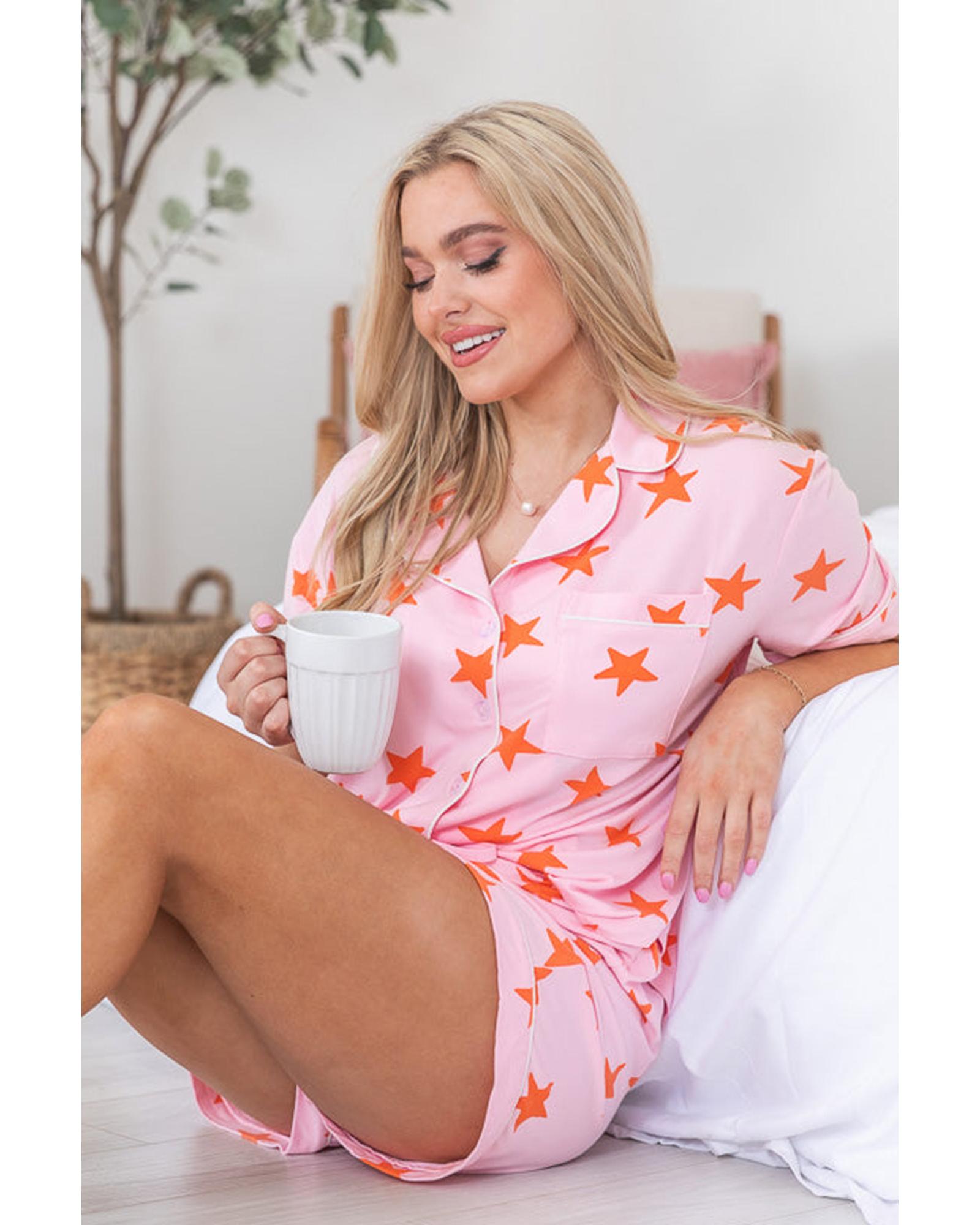 Pink Stars Short Sleeve Shirt and Shorts Bamboo Pajama Set - XL 4