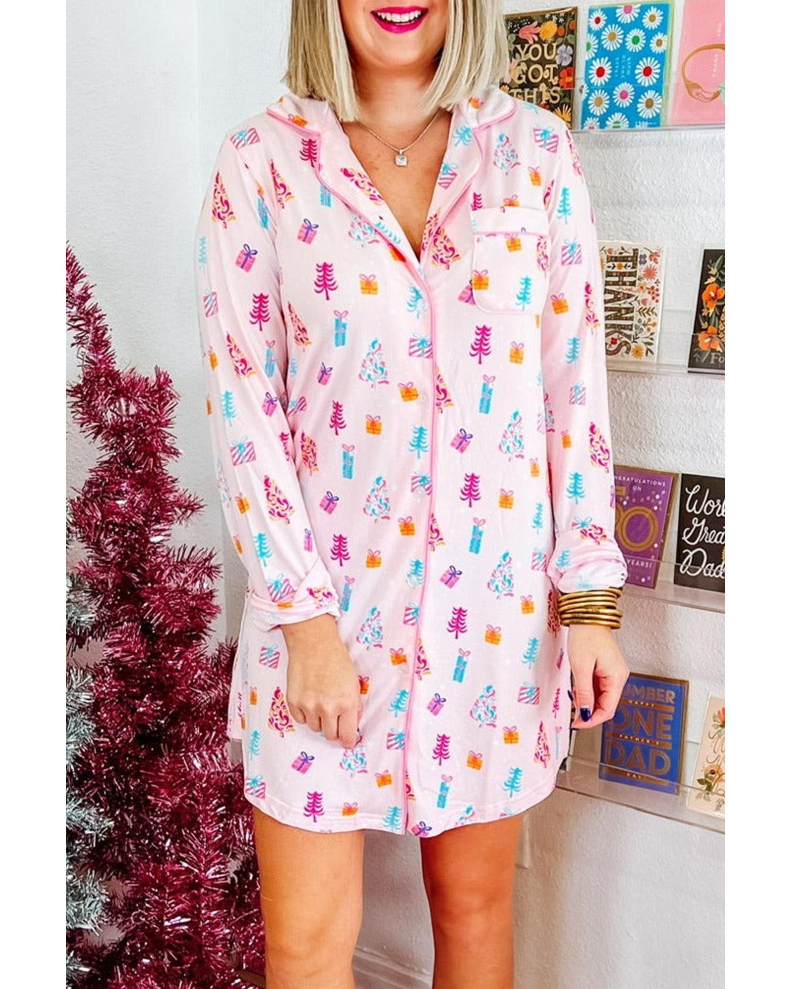 Pink Christmas Twinkle Tree Print Shirt Sleep Dress - L 3