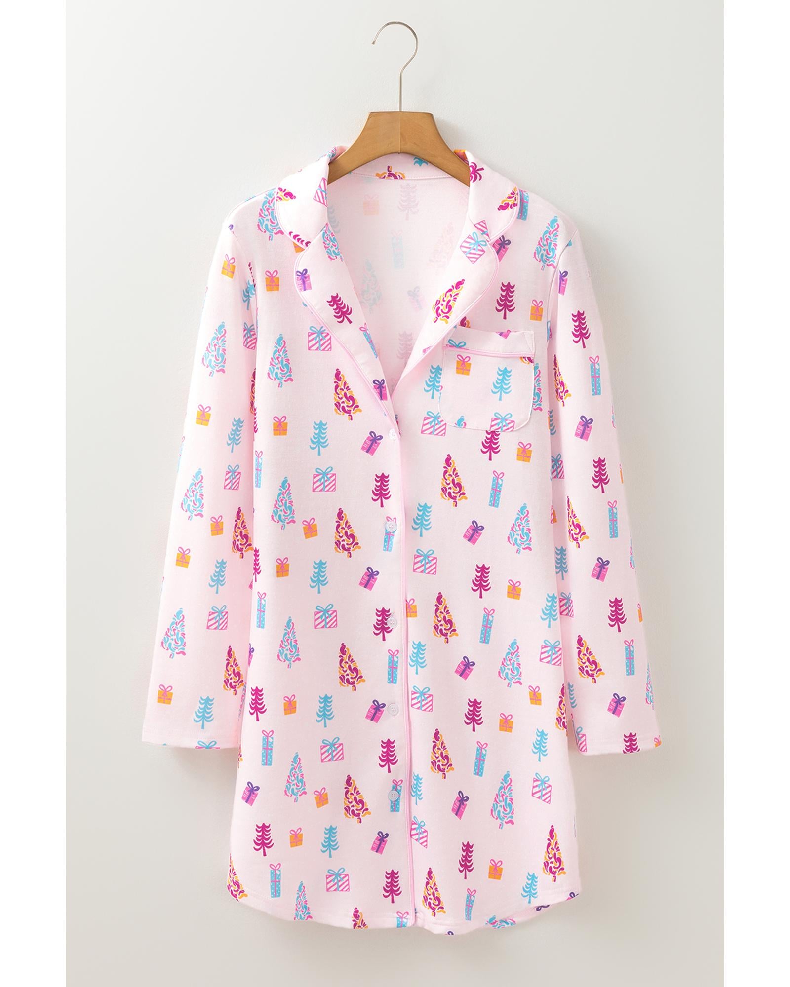Pink Christmas Twinkle Tree Print Shirt Sleep Dress - M 5