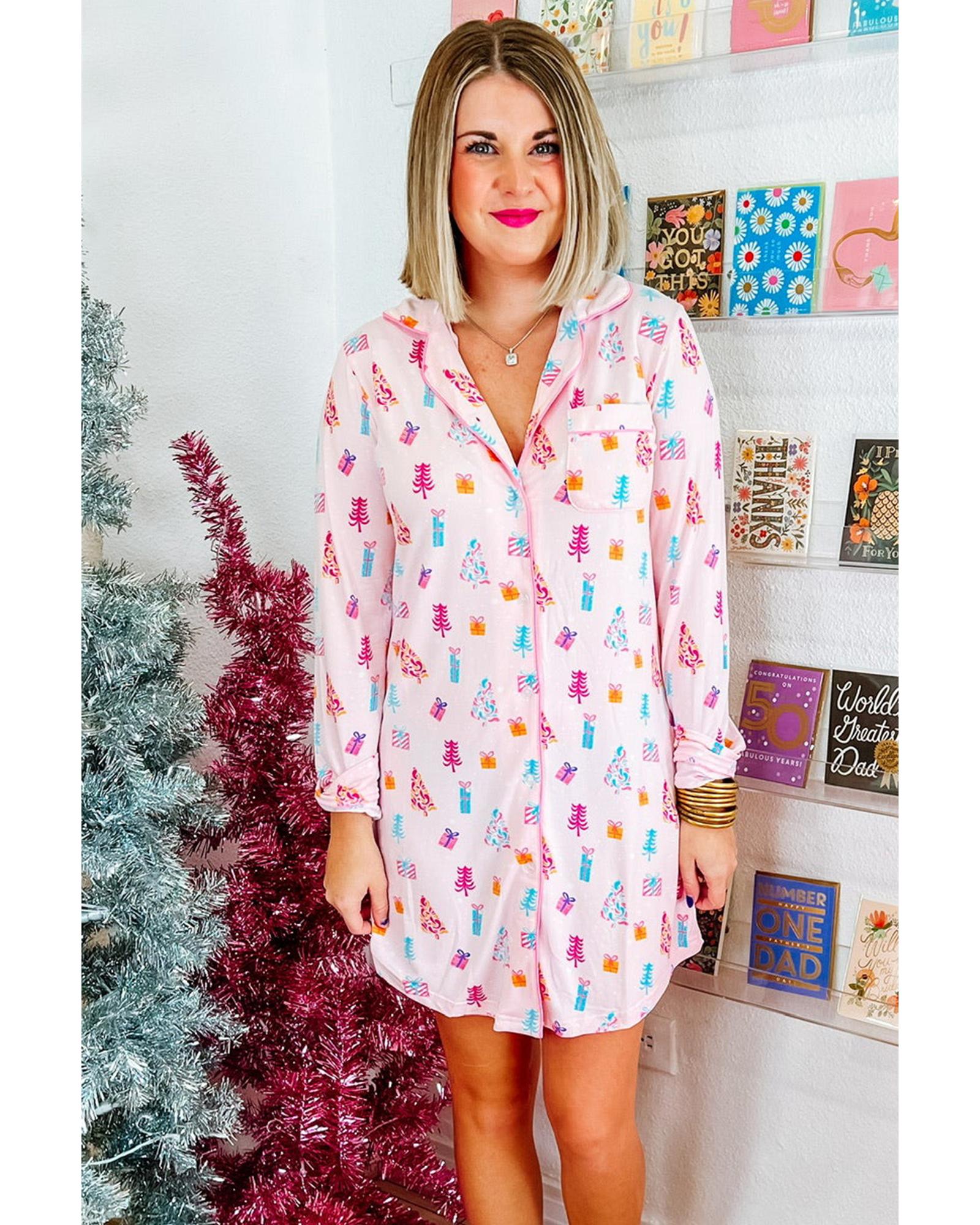 Pink Christmas Twinkle Tree Print Shirt Sleep Dress - XL 4