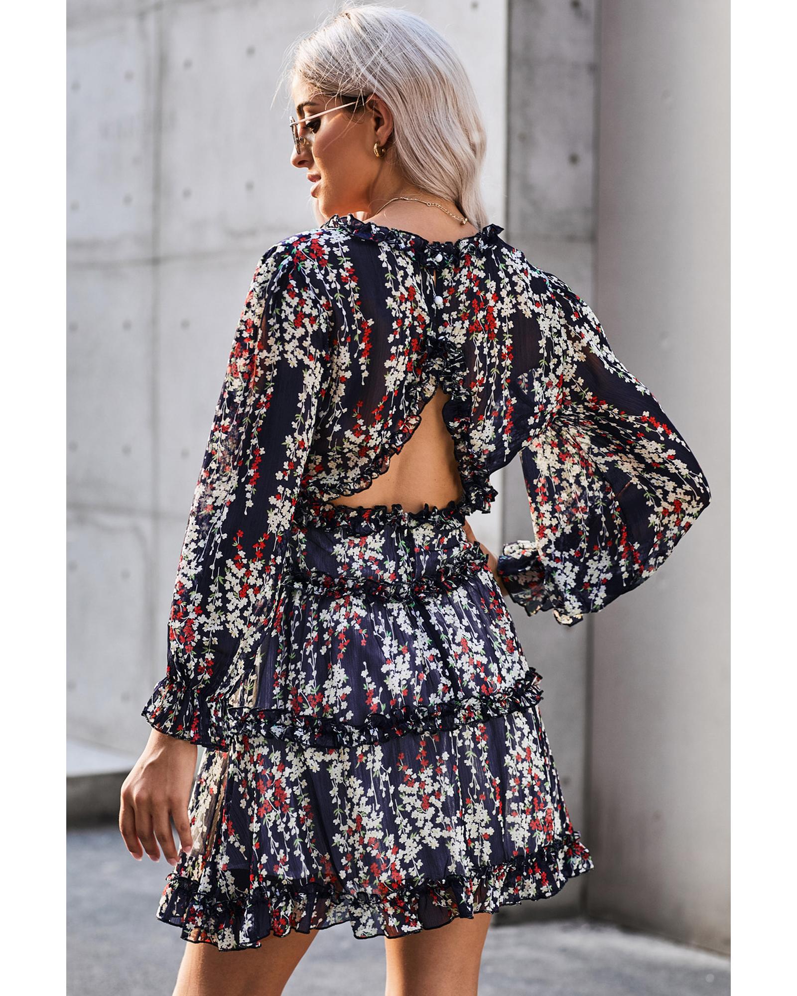 Blue Ruffle Detailing Open Back Floral Dress - L