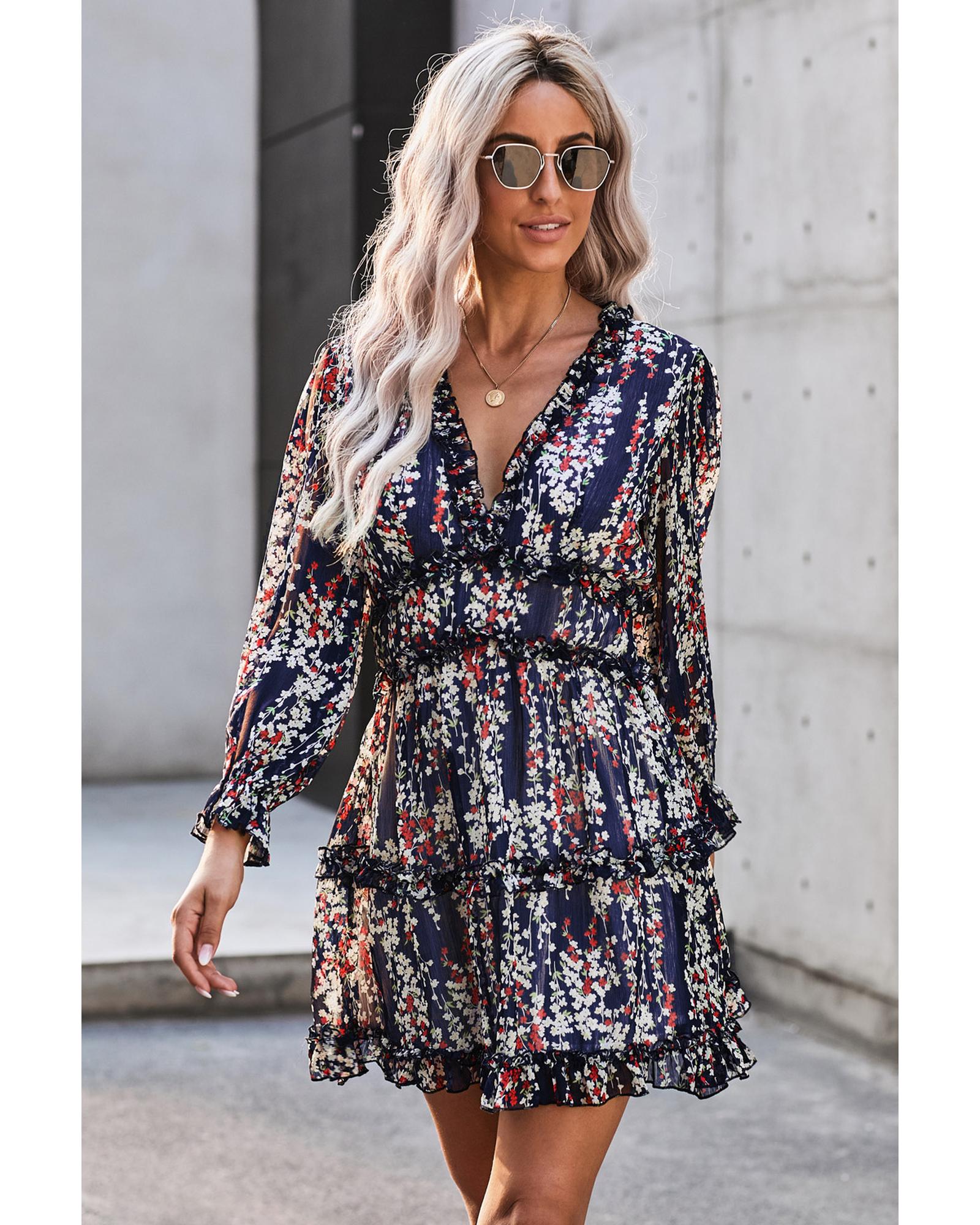 Blue Ruffle Detailing Open Back Floral Dress - M 5