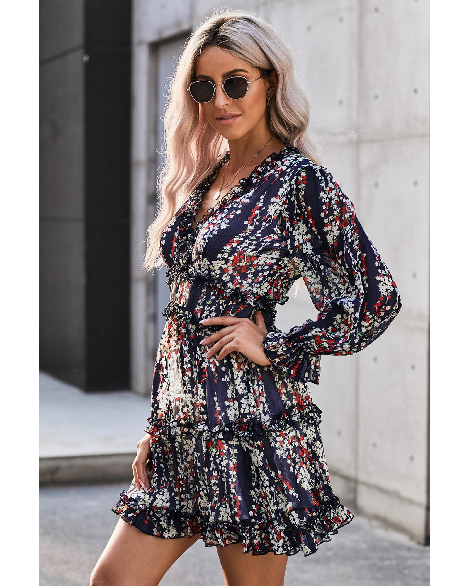 Blue Ruffle Detailing Open Back Floral Dress - XL 3