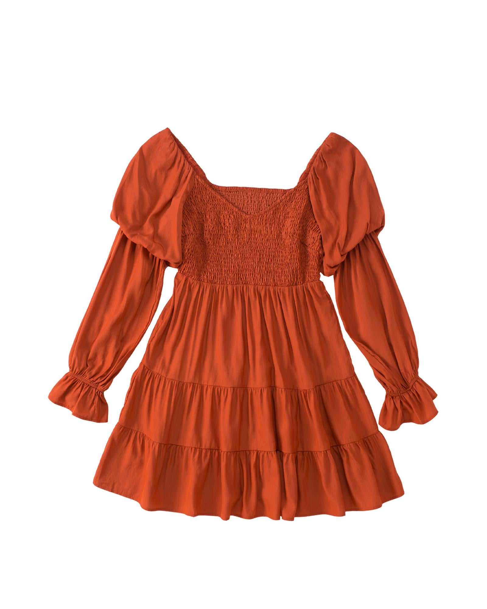 Brown Boho Solid Shirred Ruffle Mini Dress - L 4
