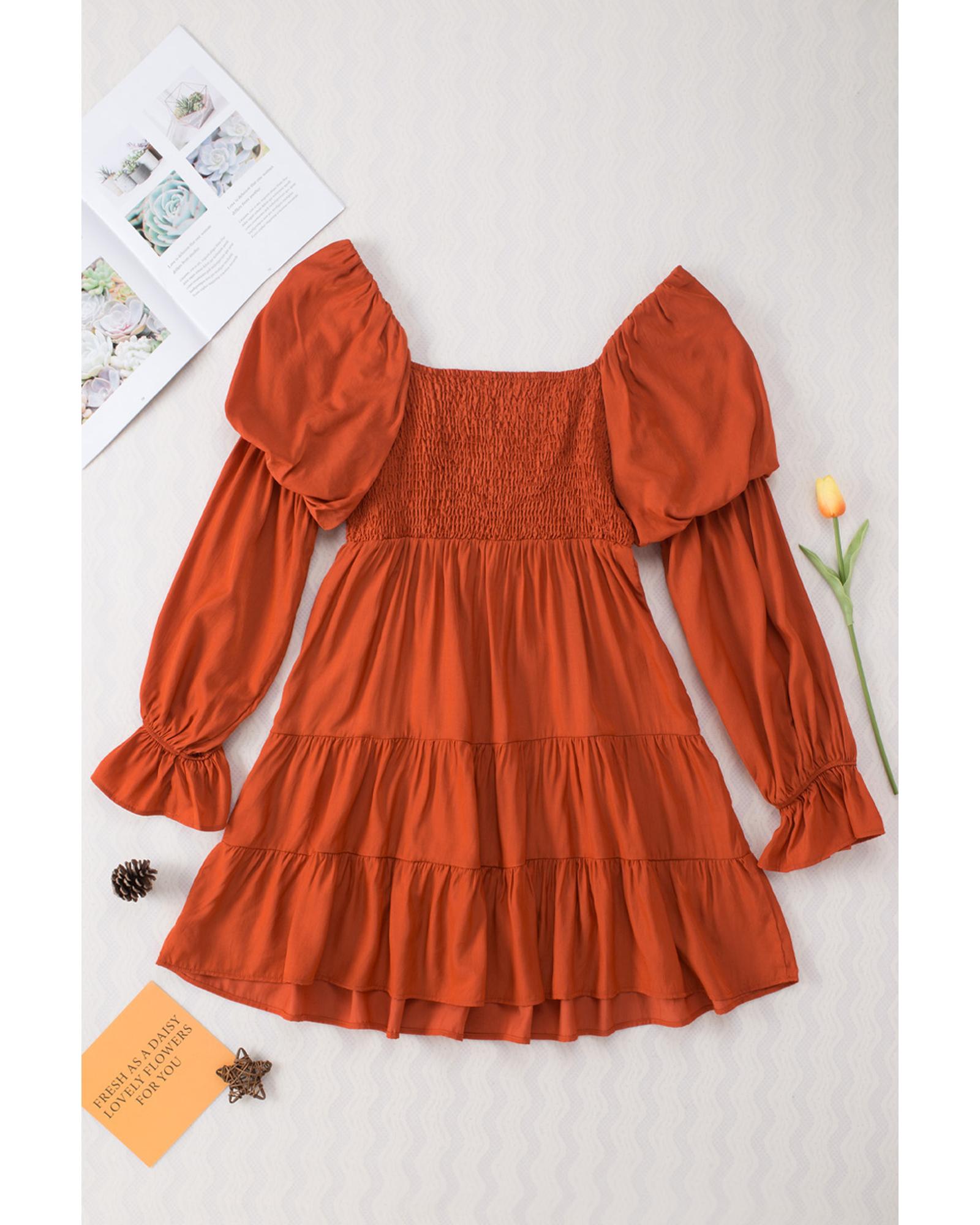 Brown Boho Solid Shirred Ruffle Mini Dress - L 6