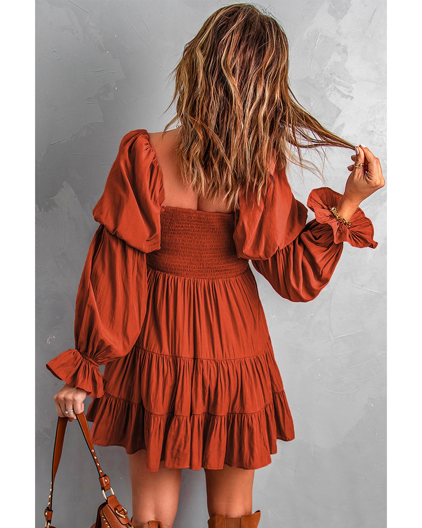 Brown Boho Solid Shirred Ruffle Mini Dress - L 7