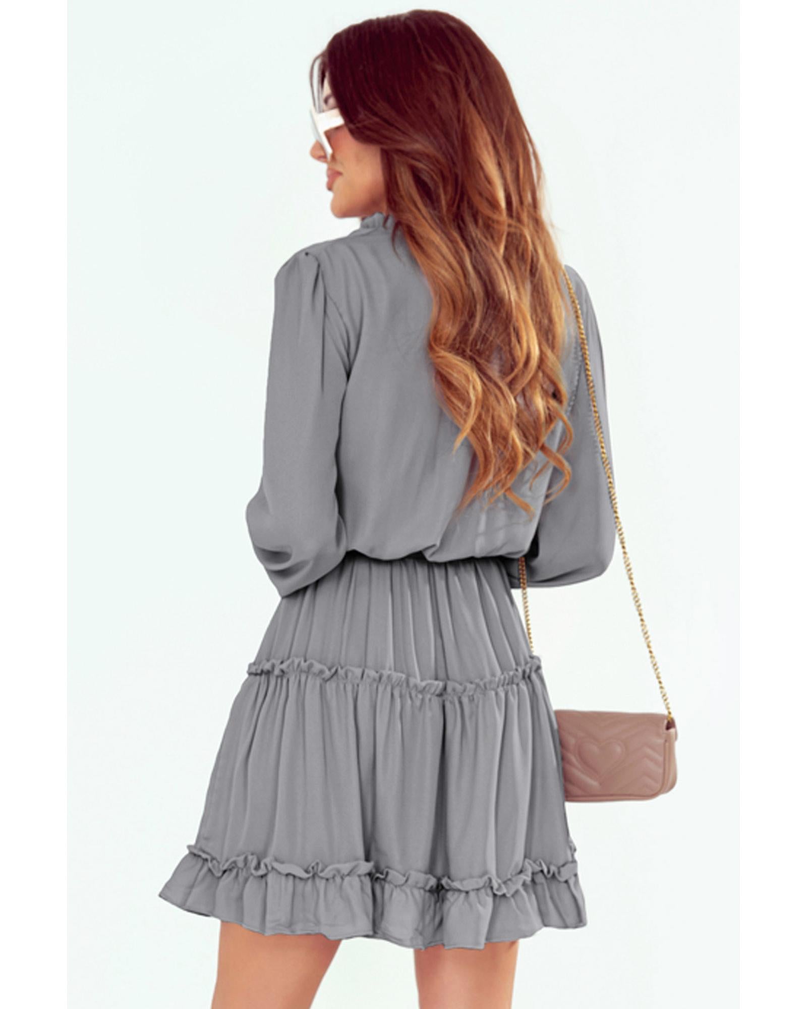 Gray V Neck Long Sleeve Ruffle Tiered Mini Dress - M 6