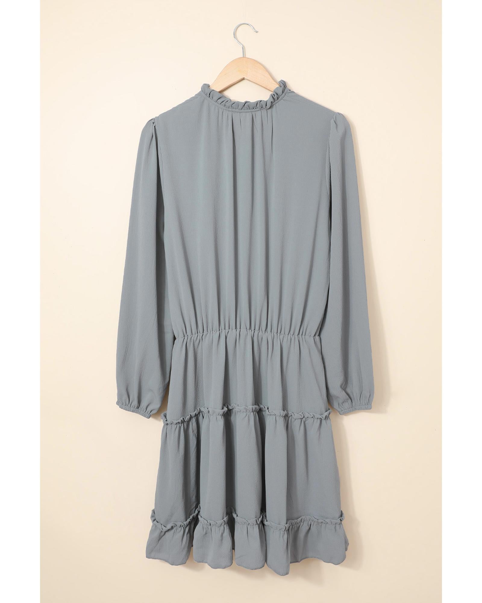 Gray V Neck Long Sleeve Ruffle Tiered Mini Dress - M 7