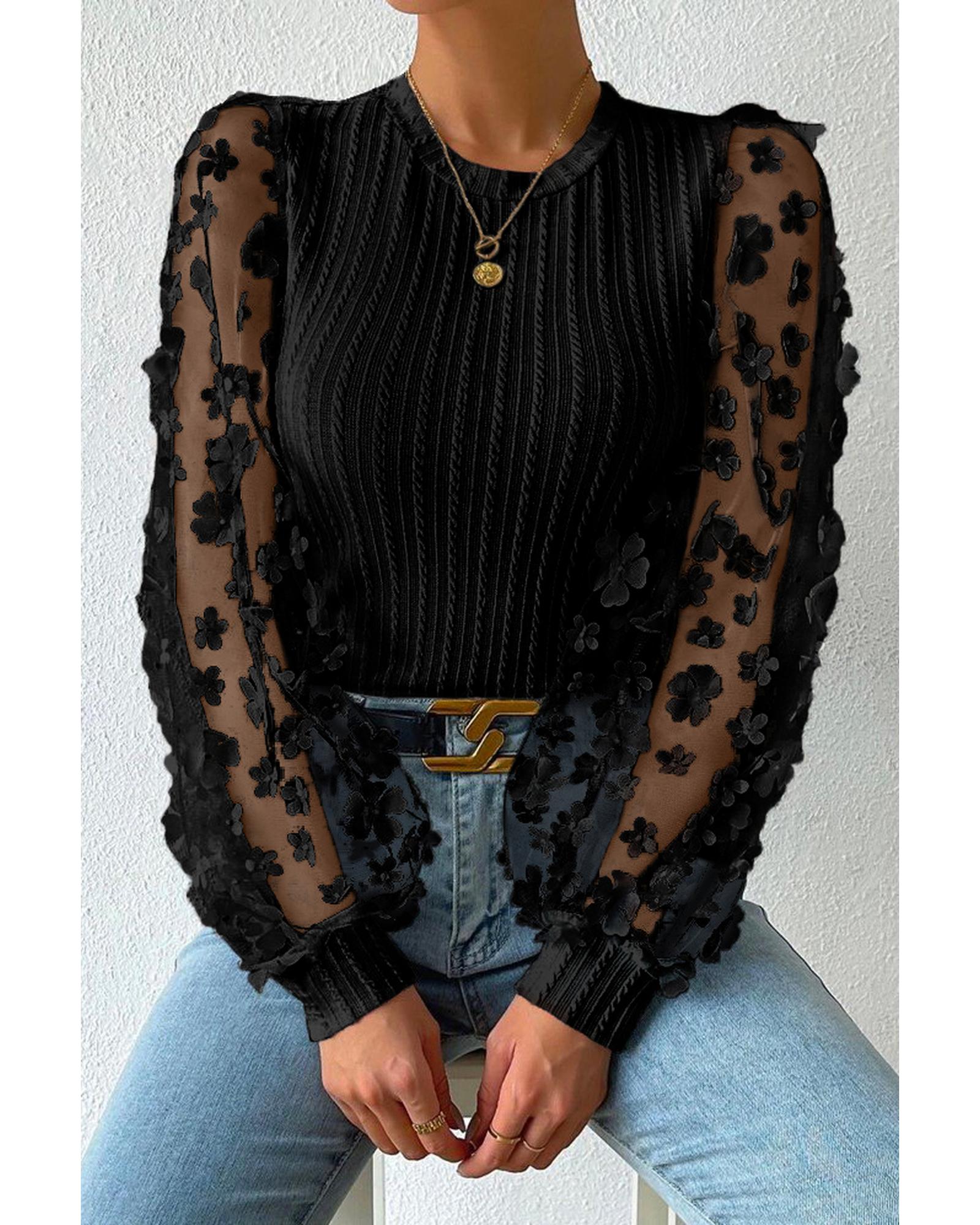 Azura Exchange Textured Knit Blouse with Floral Applique Mesh Sleeves - L 3
