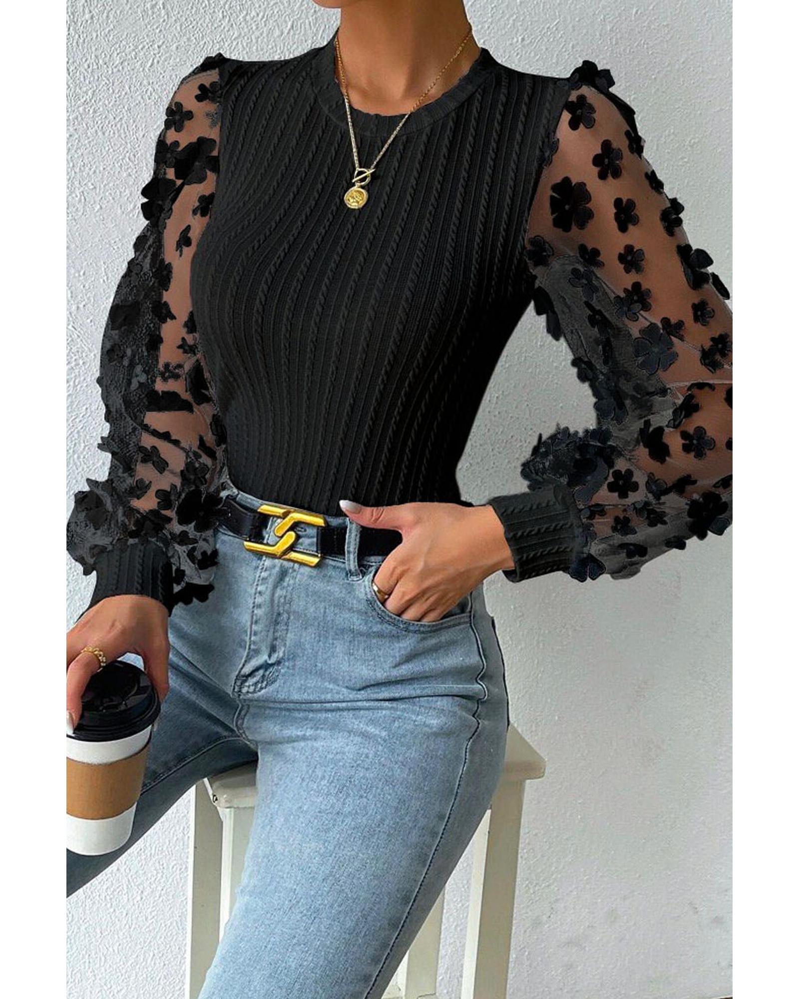 Azura Exchange Textured Knit Blouse with Floral Applique Mesh Sleeves - L 4