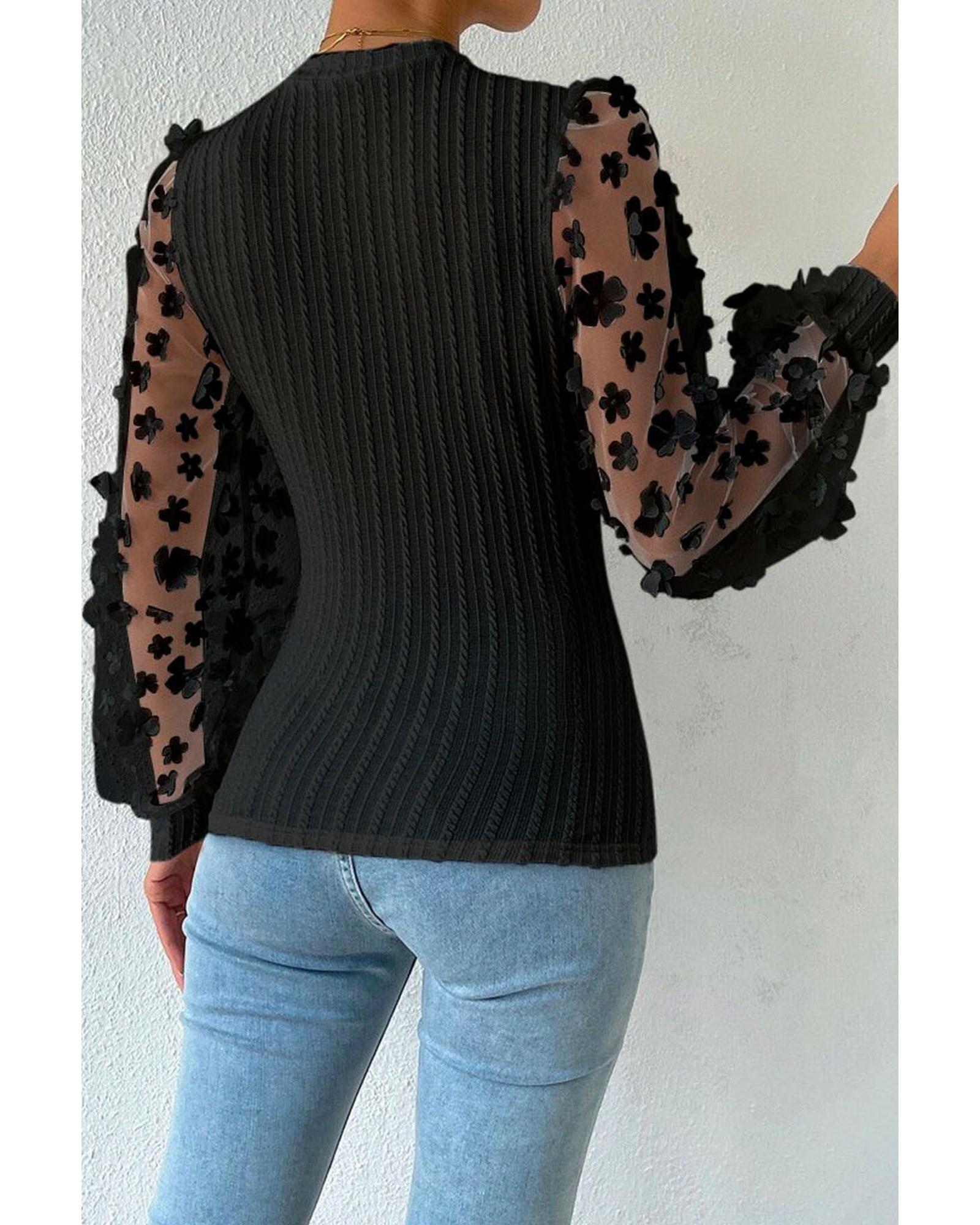 Azura Exchange Textured Knit Blouse with Floral Applique Mesh Sleeves - L 5