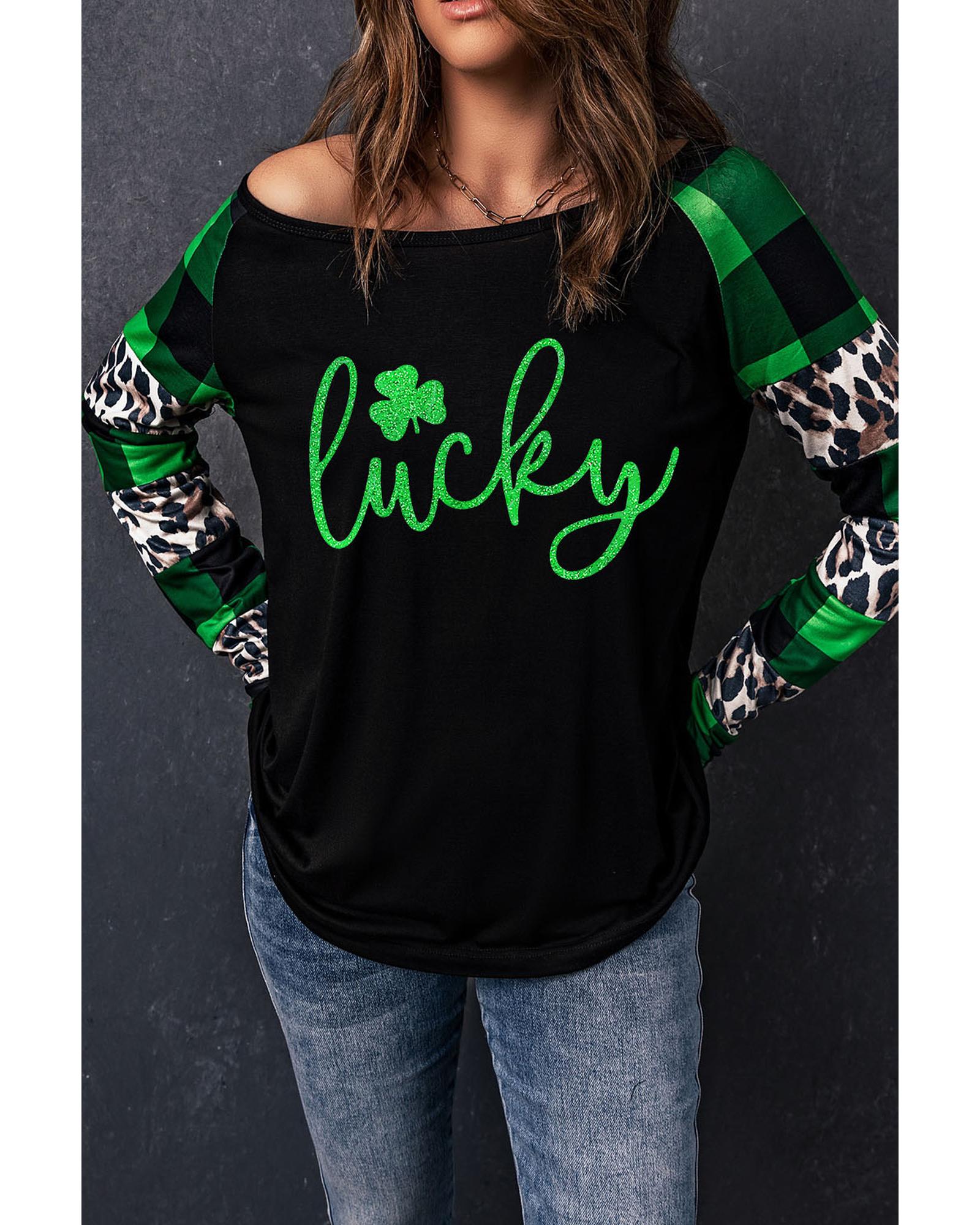 Azura Exchange Lucky Clover Glitter Pattern Leopard Plaid Top - M 3