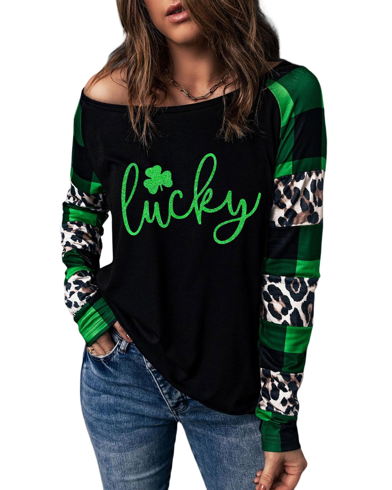 Azura Exchange Lucky Clover Glitter Pattern Leopard Plaid Top - M 5