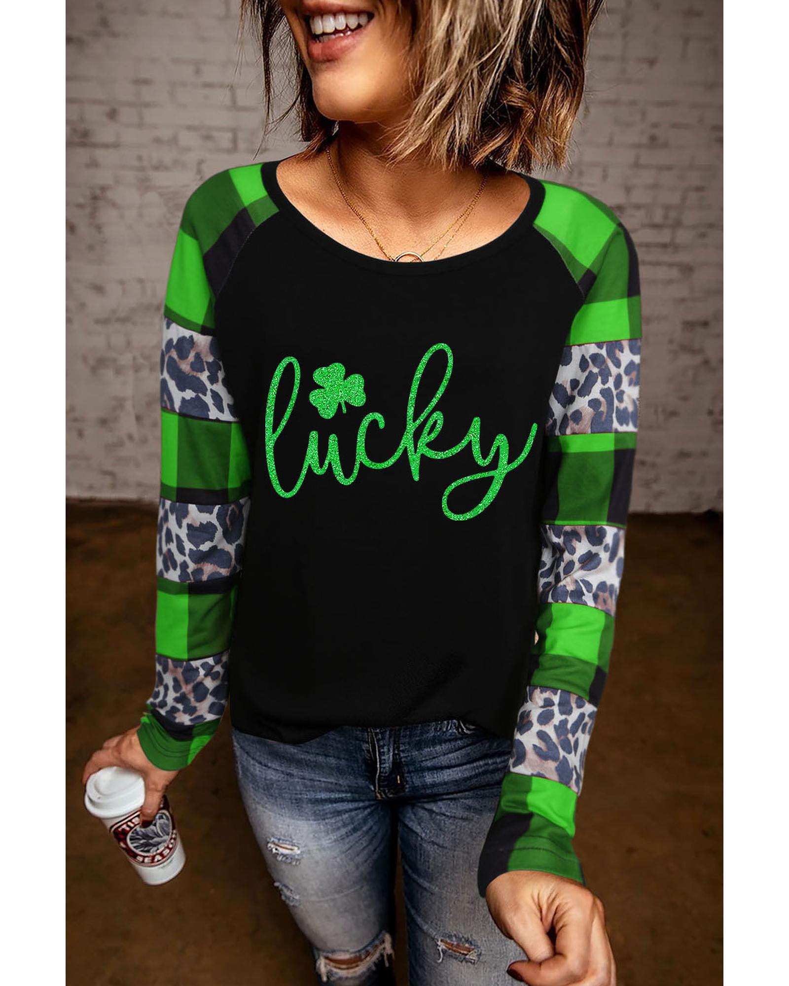 Azura Exchange Lucky Clover Glitter Pattern Leopard Plaid Top - M 7