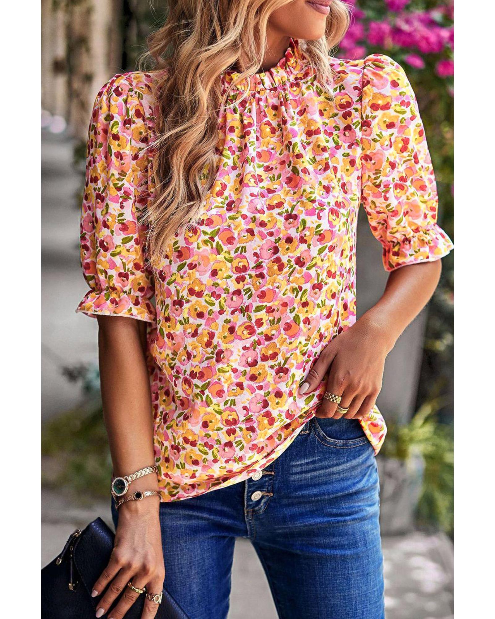 Azura Exchange Floral Ruffle Mock Neck Blouse - S 4