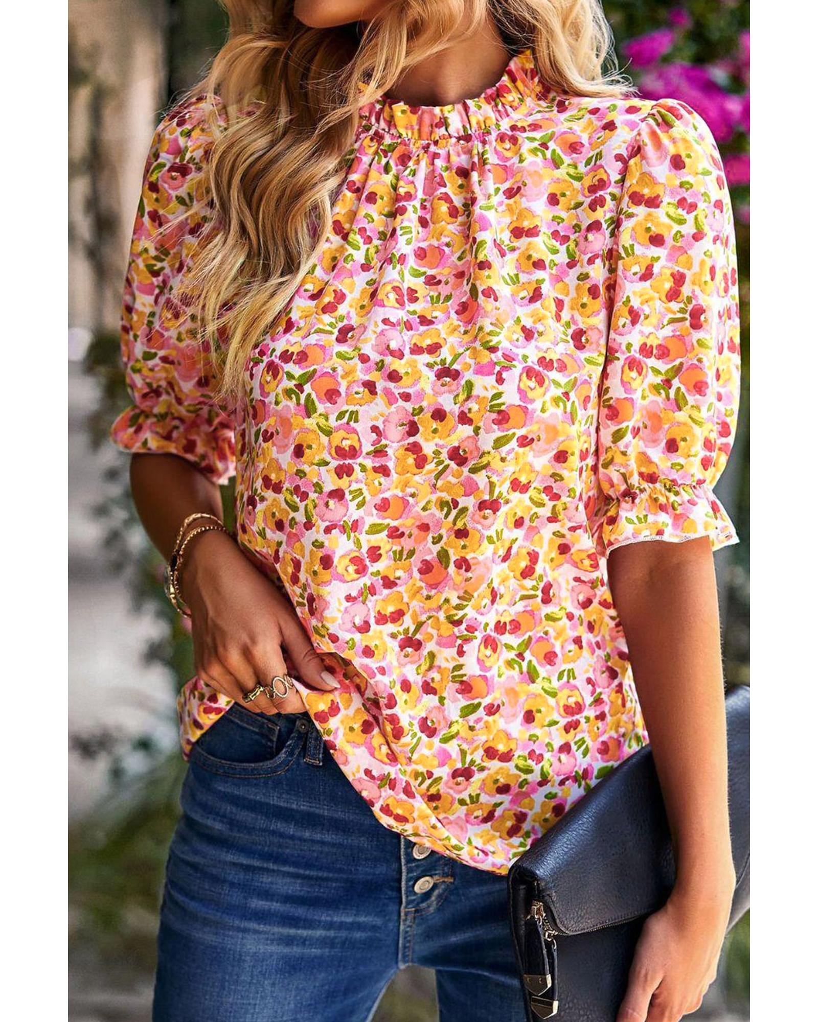 Azura Exchange Floral Ruffle Mock Neck Blouse - S 5