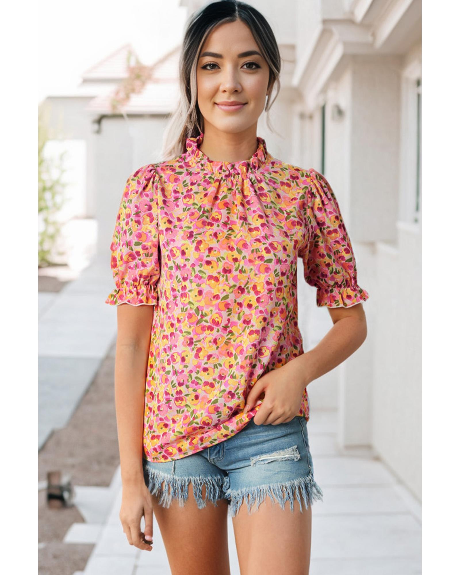 Azura Exchange Floral Ruffle Mock Neck Blouse - S 8