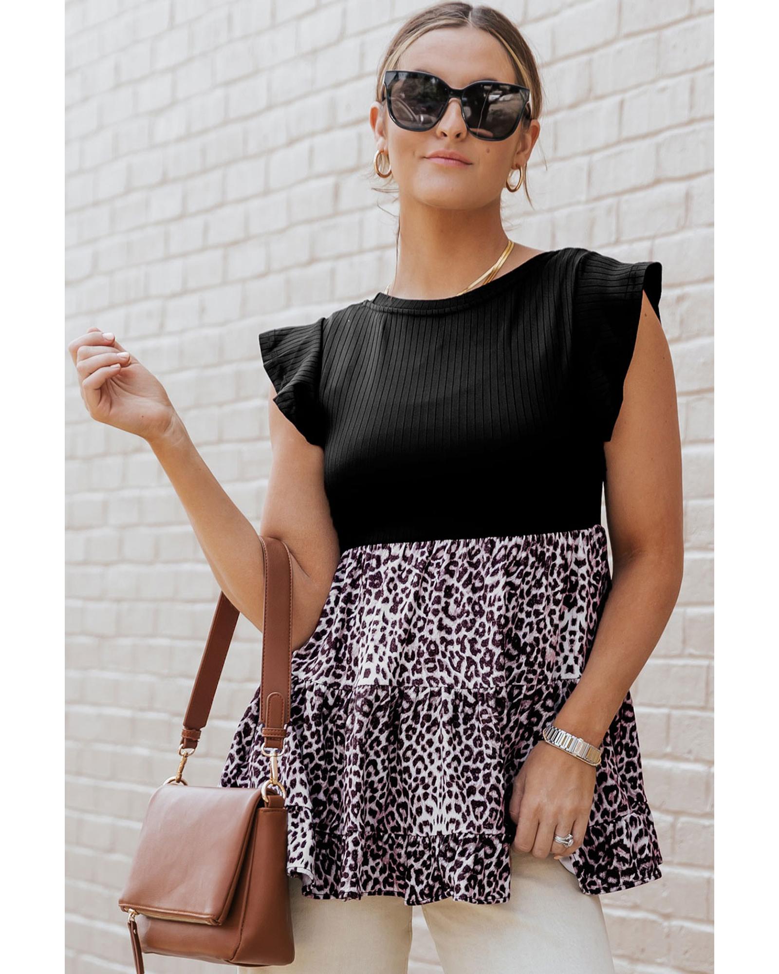 Azura Exchange Ruffle Sleeve Leopard Splice Blouse - L 6