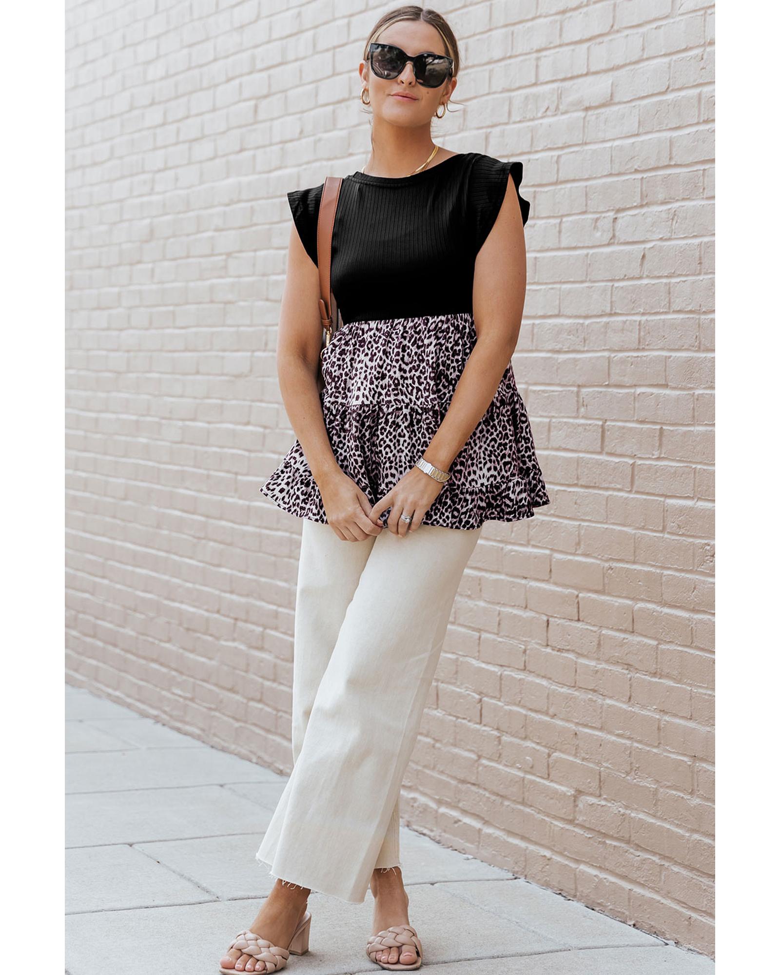 Azura Exchange Ruffle Sleeve Leopard Splice Blouse - S 8
