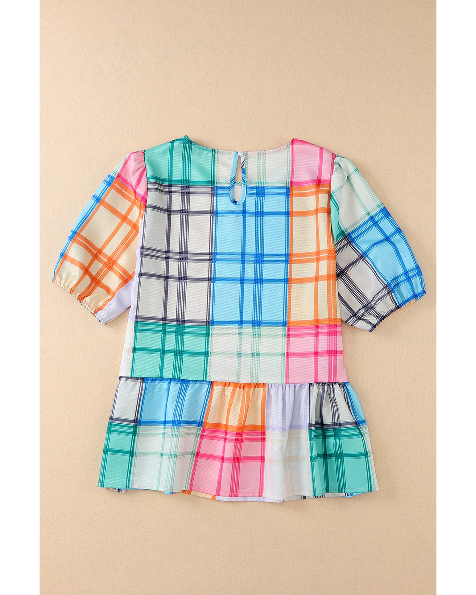 Azura Exchange Bold Plaid Color Block Puff Sleeve Peplum Top - L 5