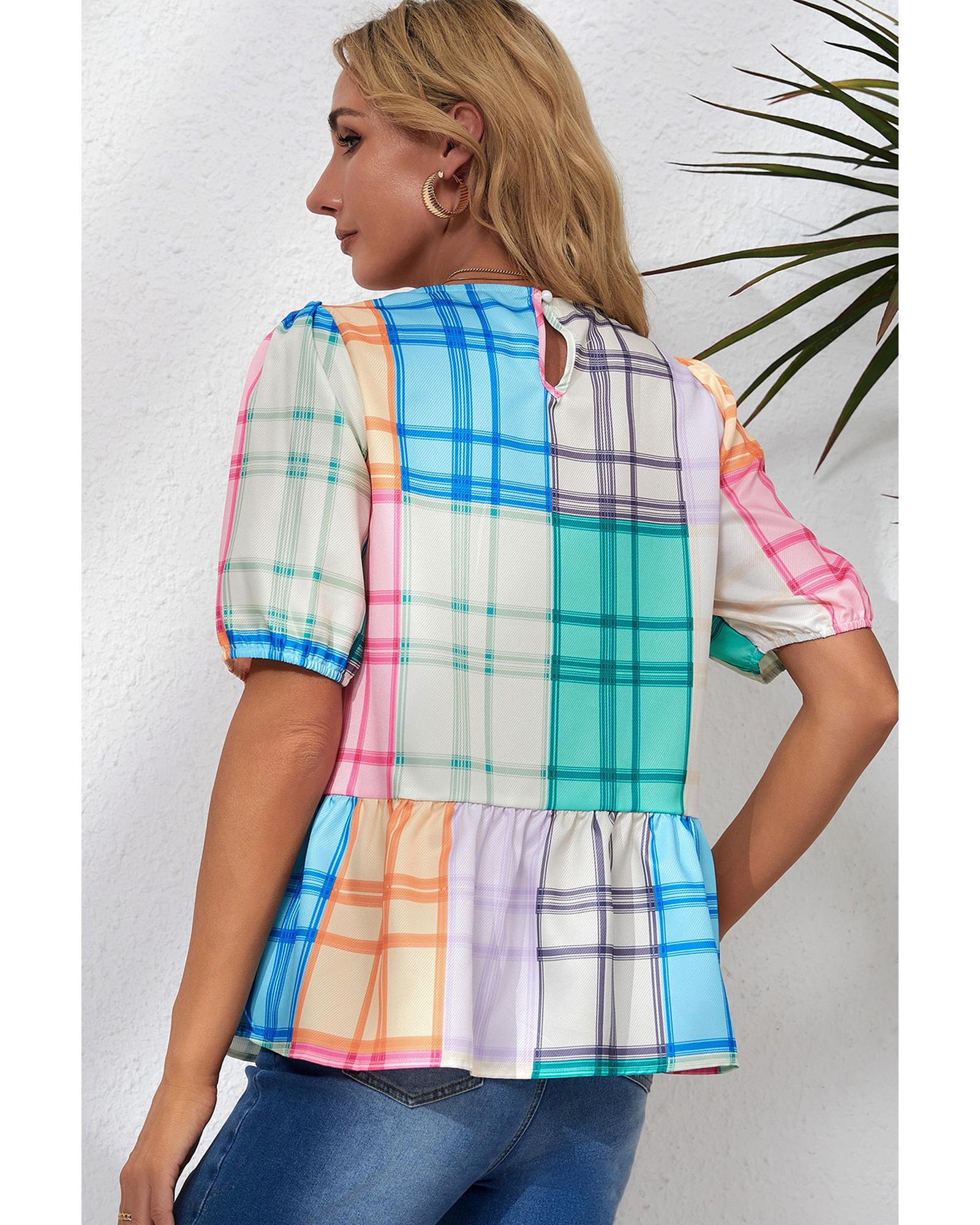 Azura Exchange Bold Plaid Color Block Puff Sleeve Peplum Top - L 7