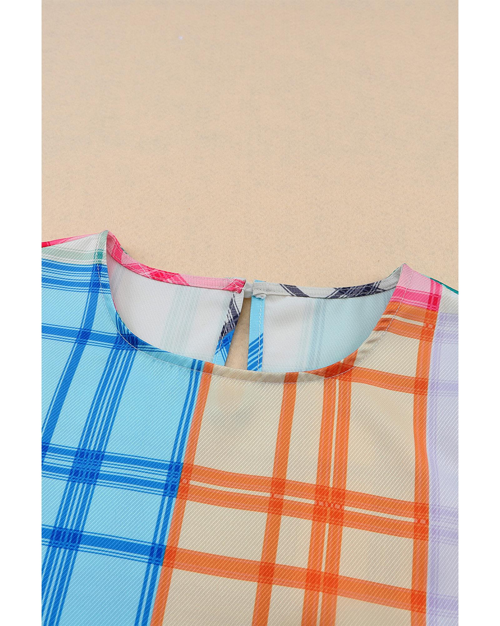 Azura Exchange Bold Plaid Color Block Puff Sleeve Peplum Top - M