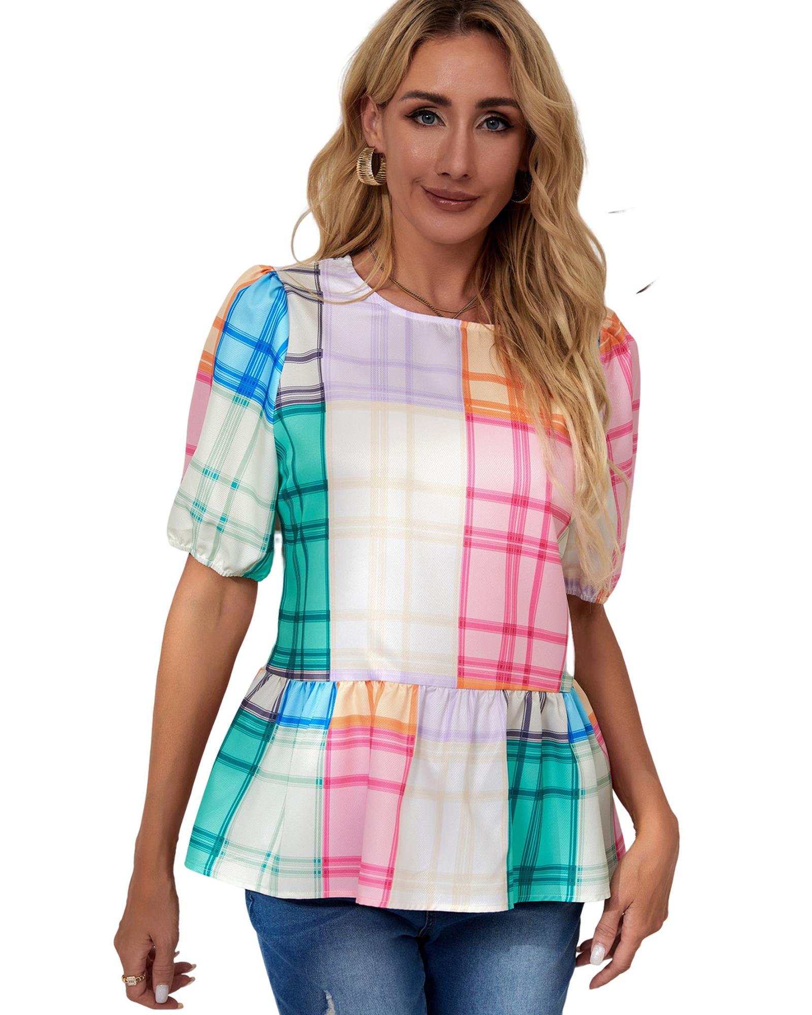 Azura Exchange Bold Plaid Color Block Puff Sleeve Peplum Top - M 7
