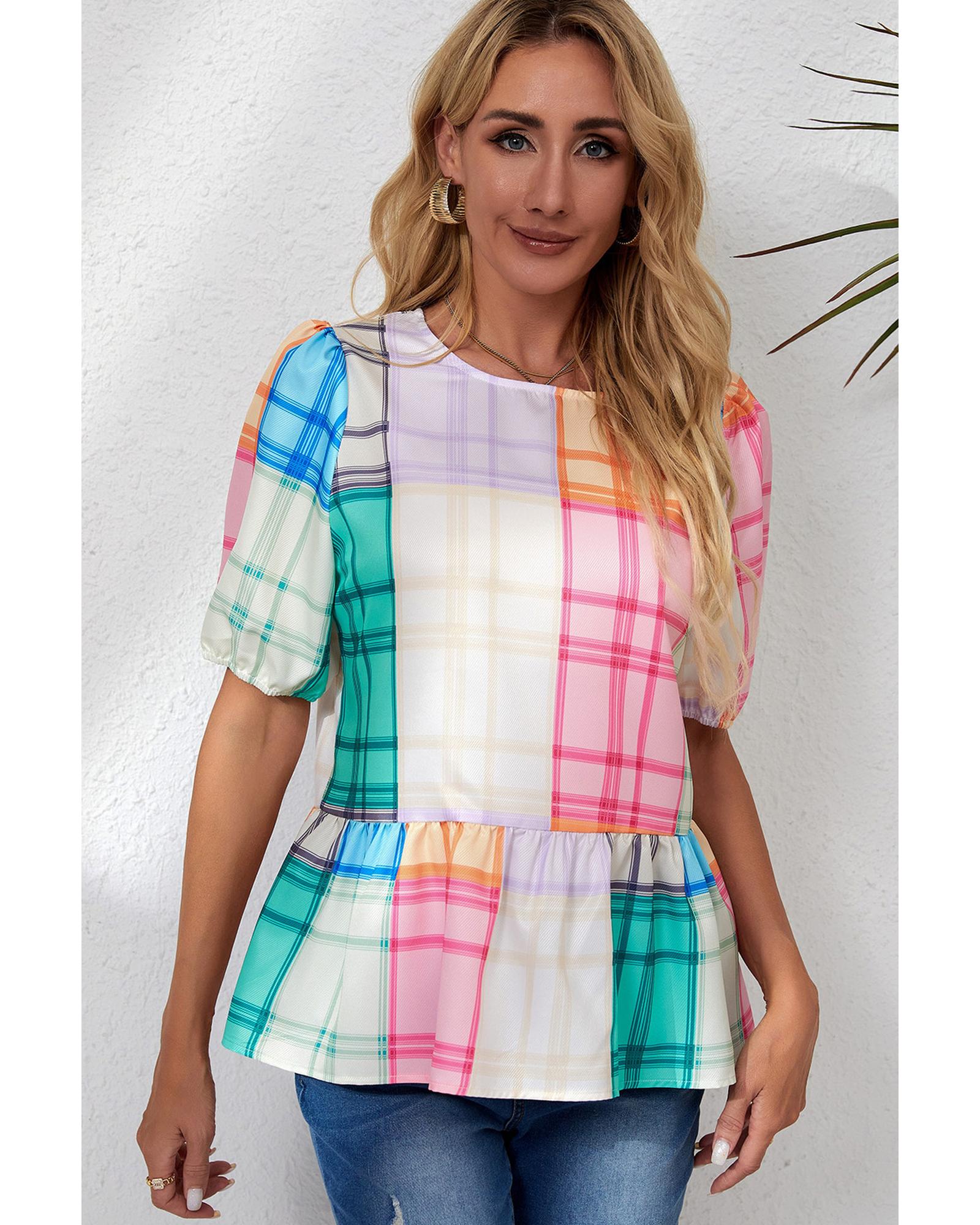 Azura Exchange Bold Plaid Color Block Puff Sleeve Peplum Top - S 8