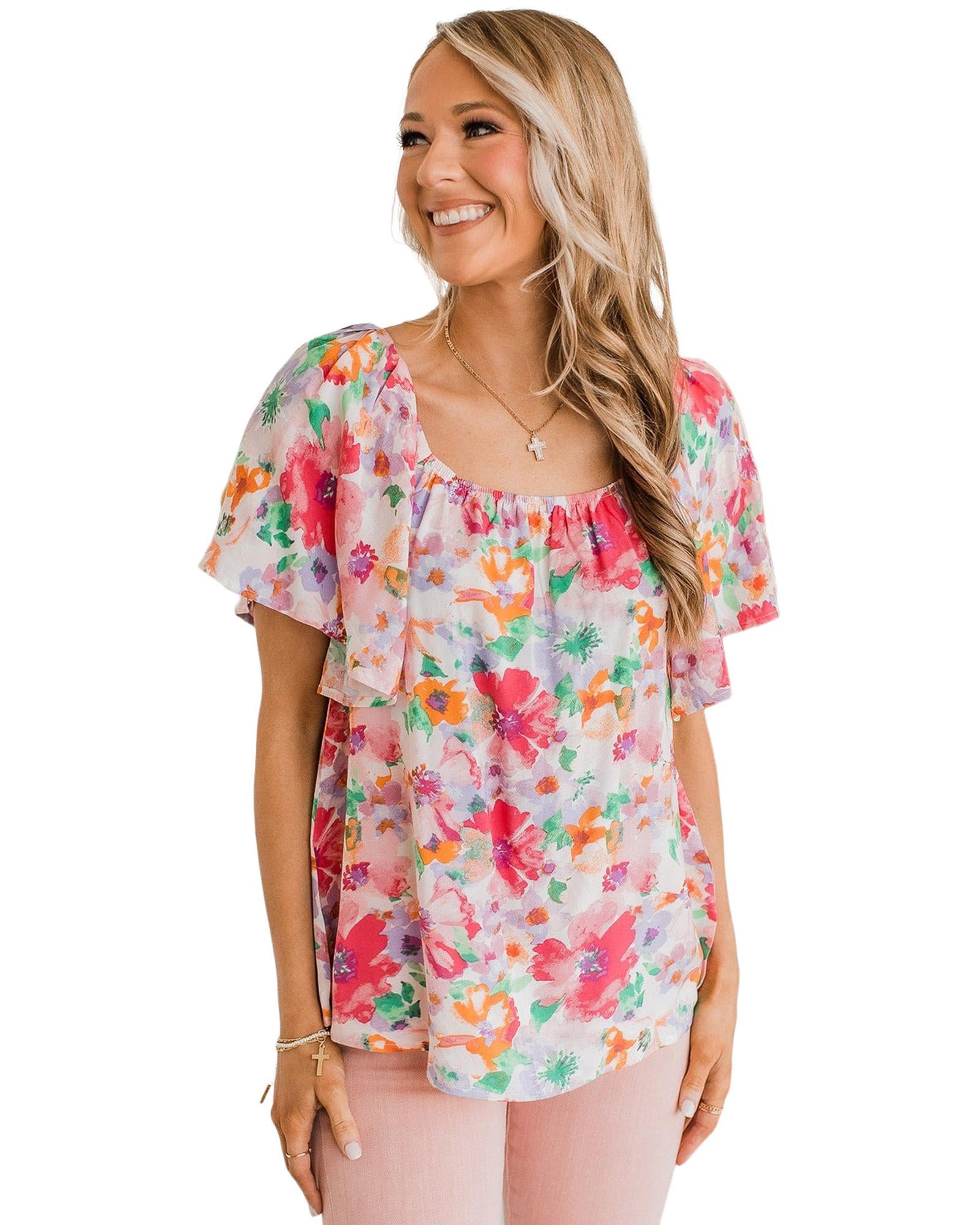 Azura Exchange Watercolor Floral Ruffle Sleeve Blouse - L 4
