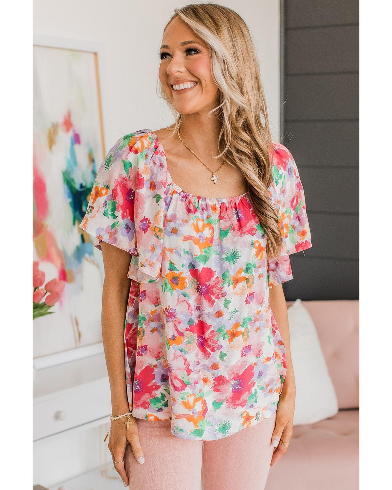 Azura Exchange Watercolor Floral Ruffle Sleeve Blouse - M 5