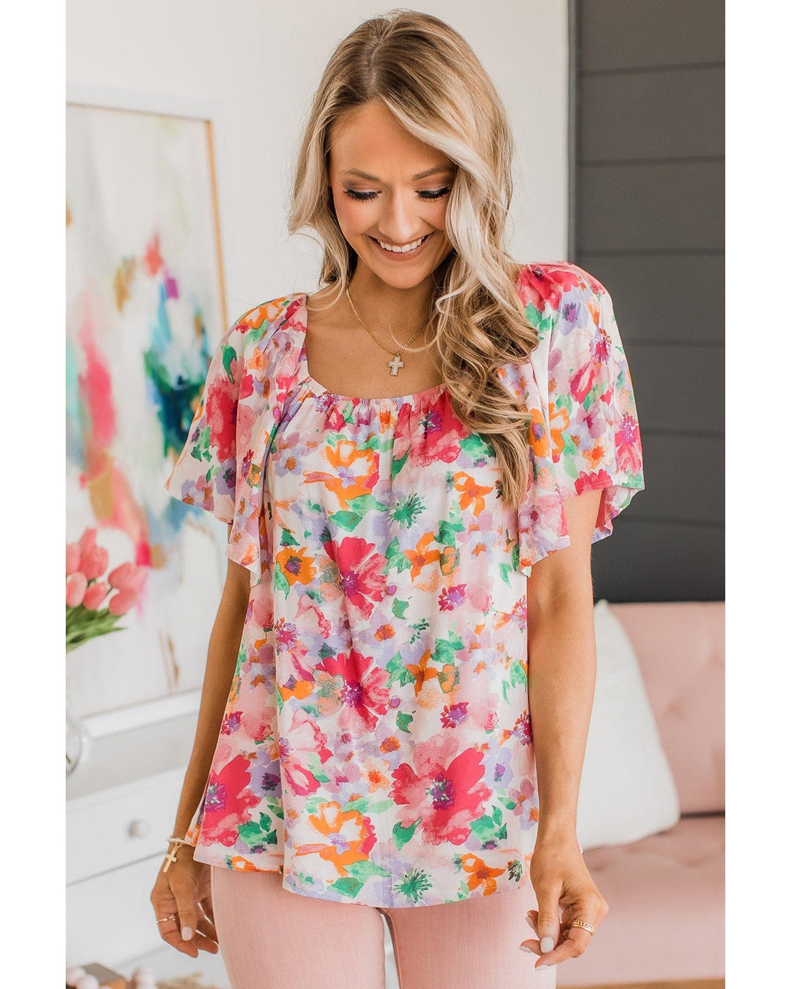 Azura Exchange Watercolor Floral Ruffle Sleeve Blouse - M 6