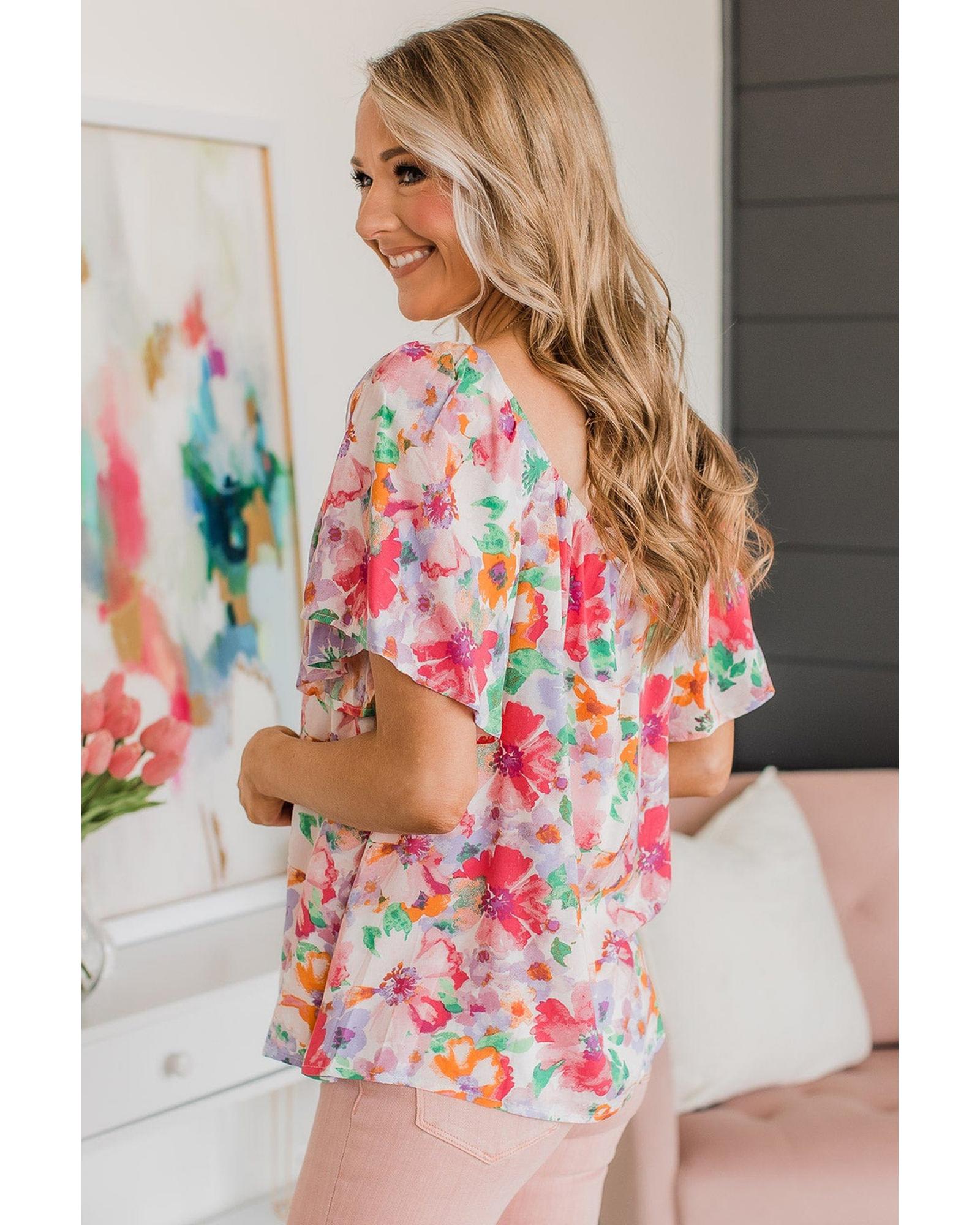 Azura Exchange Watercolor Floral Ruffle Sleeve Blouse - S 4