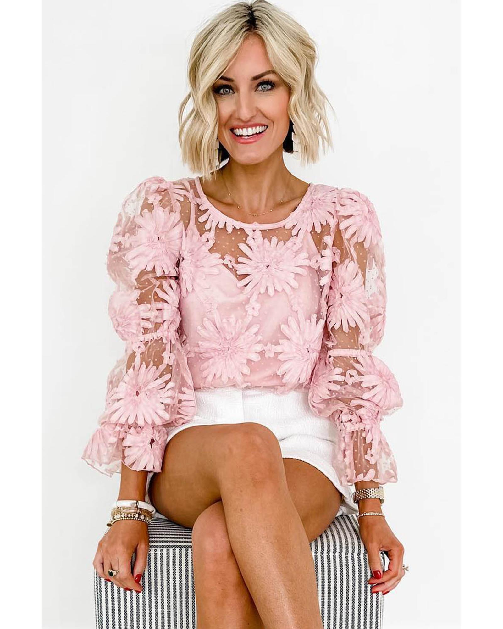 Azura Exchange Mesh Top with Ruffled Sleeves and Floral Detailing - L 3