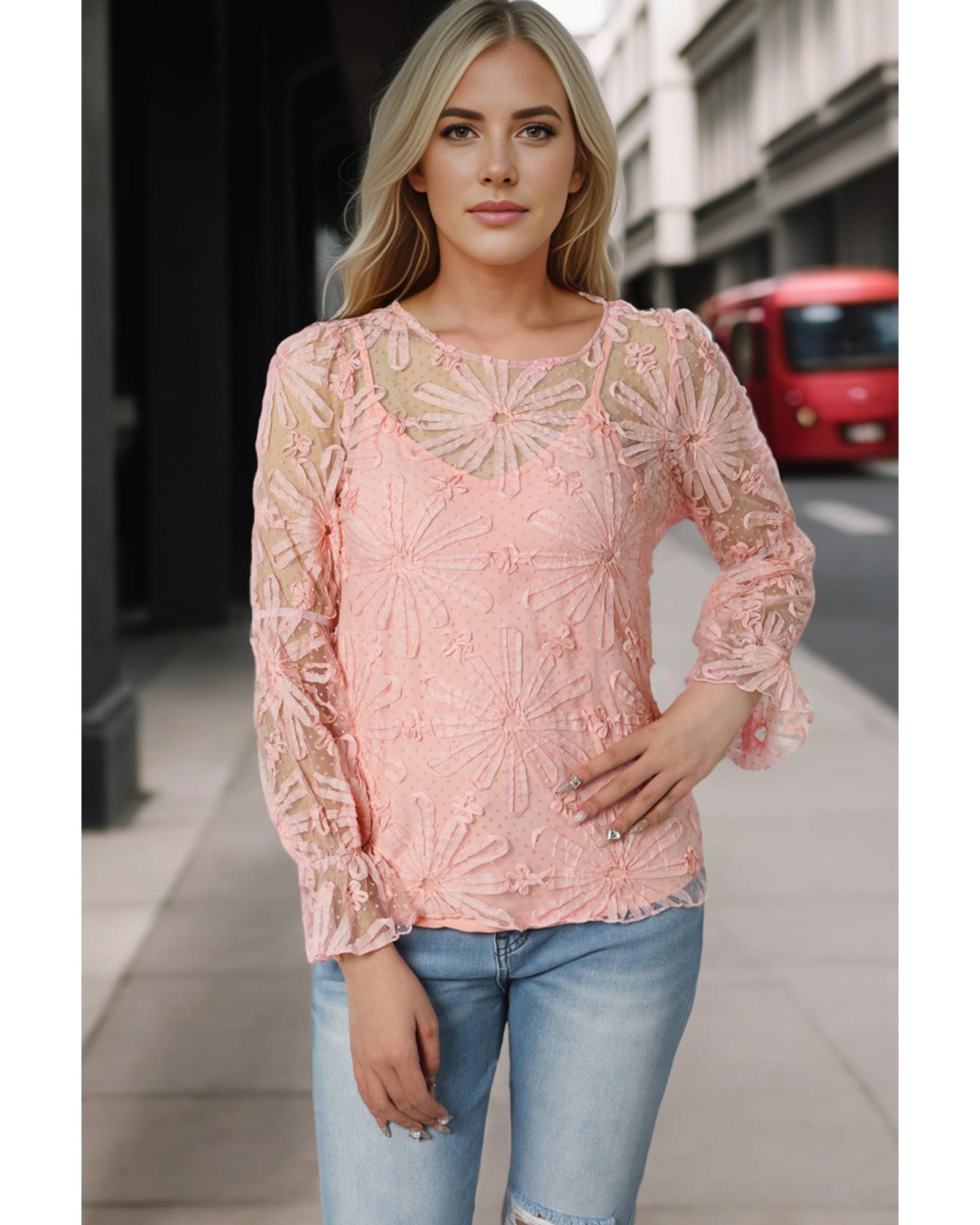 Azura Exchange Mesh Top with Ruffled Sleeves and Floral Detailing - XL 4