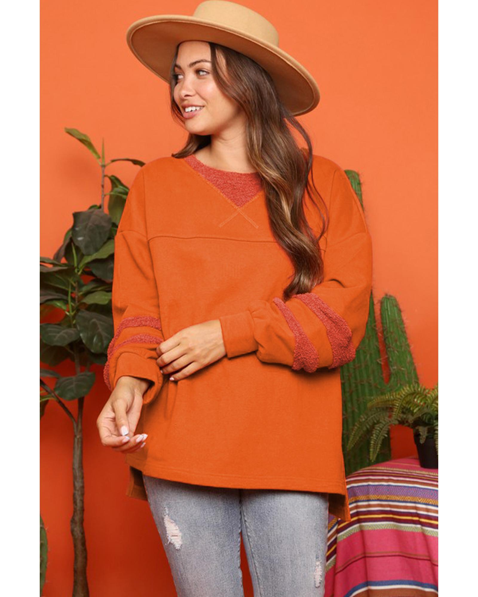 Carrot Fleece Patchwork Side Slits High Low Sweatshirt - XL