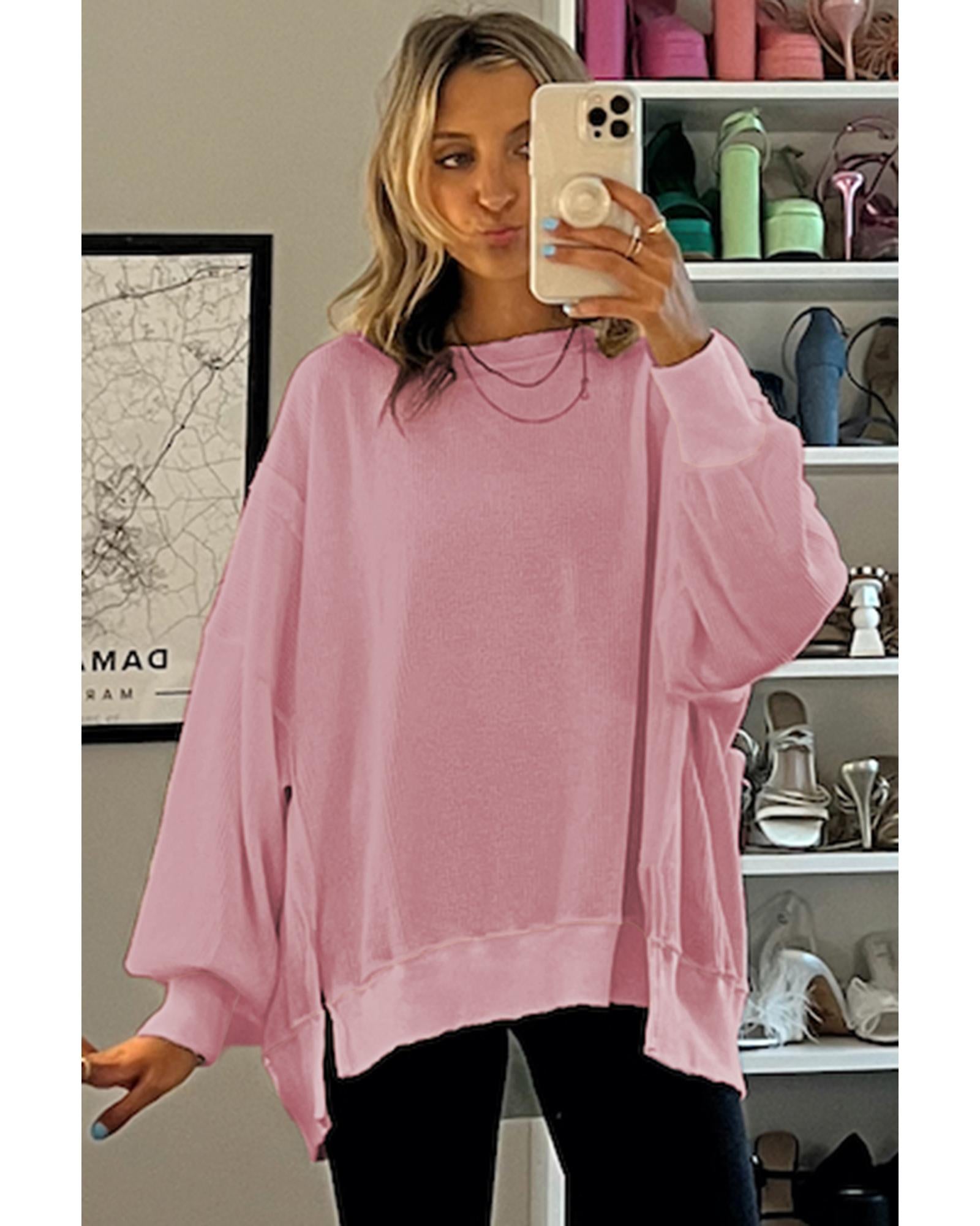 Pink Waffle Knit Bishop Sleeve Split Oversized Sweatshirt - 2XL