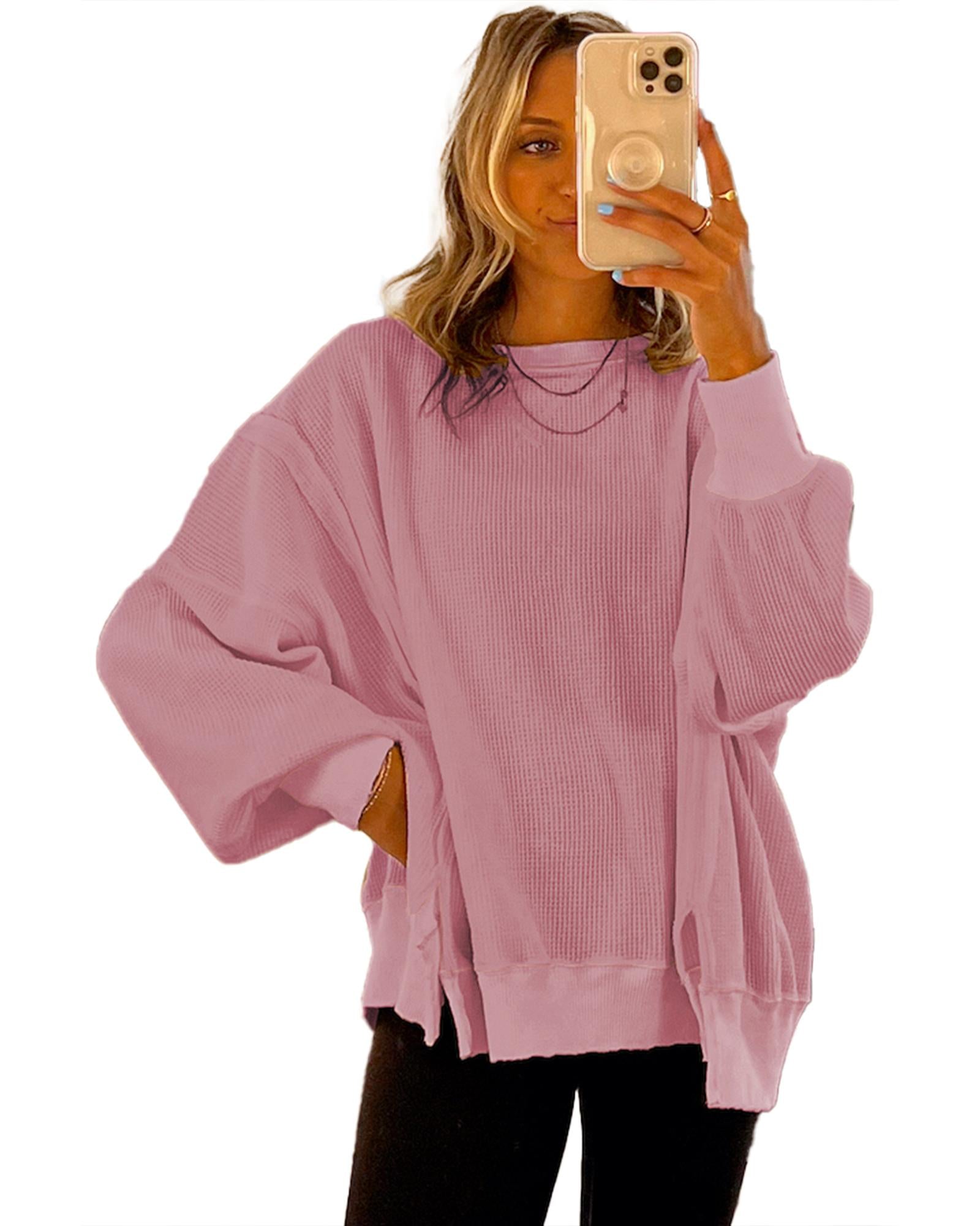 Pink Waffle Knit Bishop Sleeve Split Oversized Sweatshirt - L 3