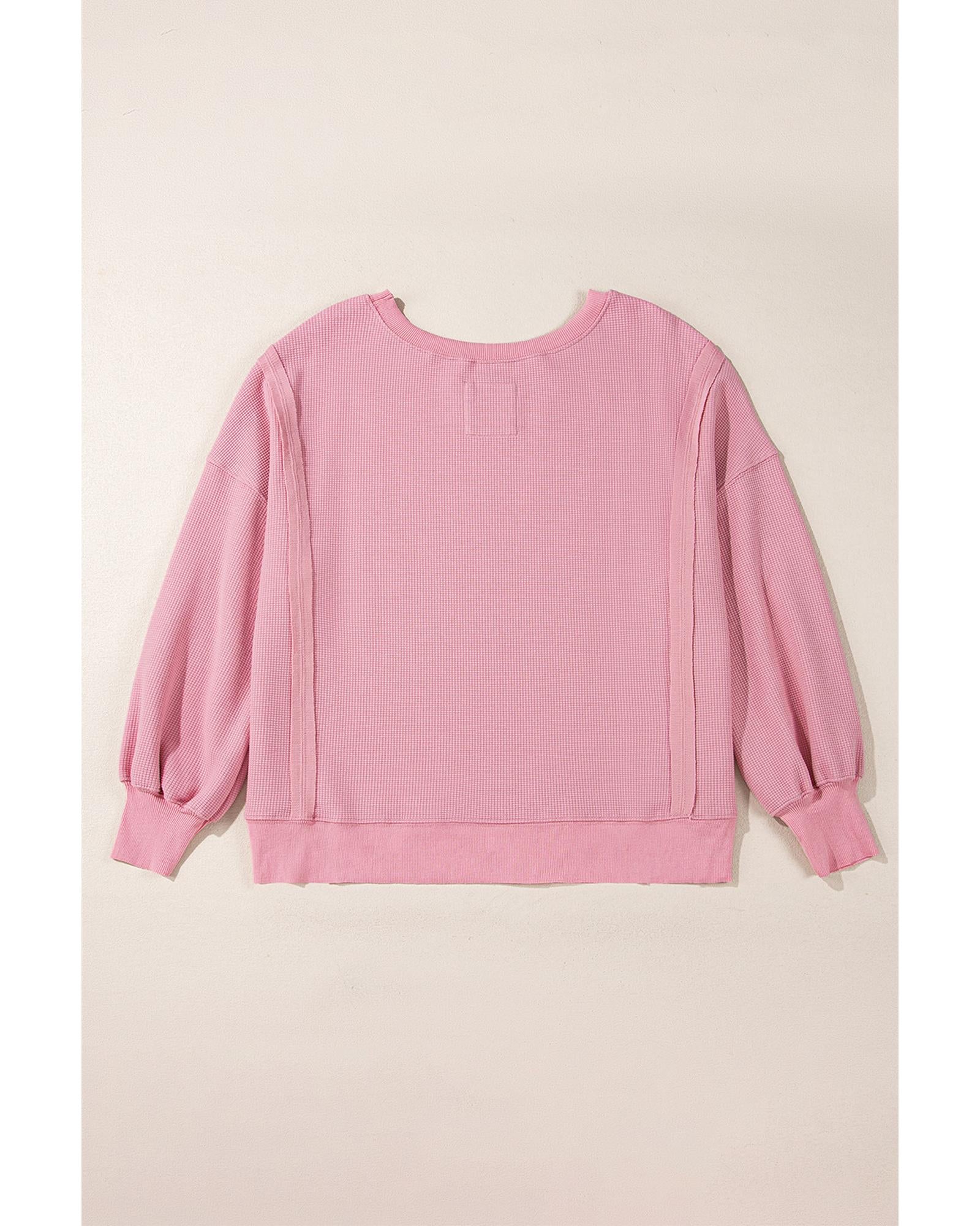 Pink Waffle Knit Bishop Sleeve Split Oversized Sweatshirt - L 5