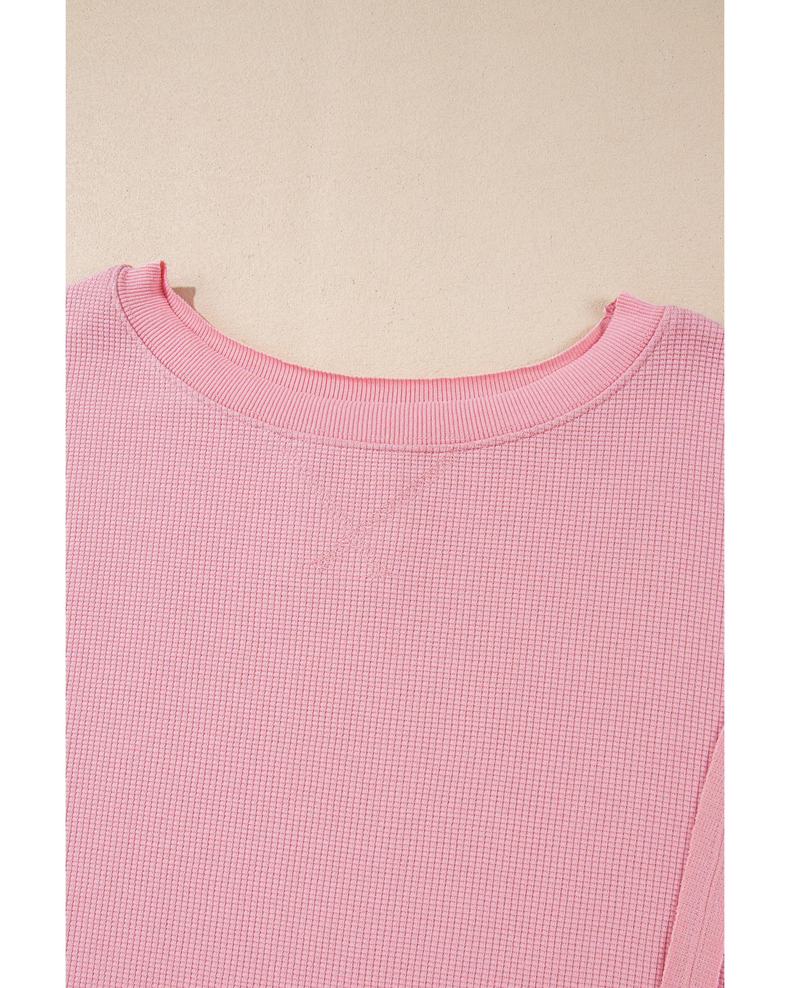 Pink Waffle Knit Bishop Sleeve Split Oversized Sweatshirt - L 6