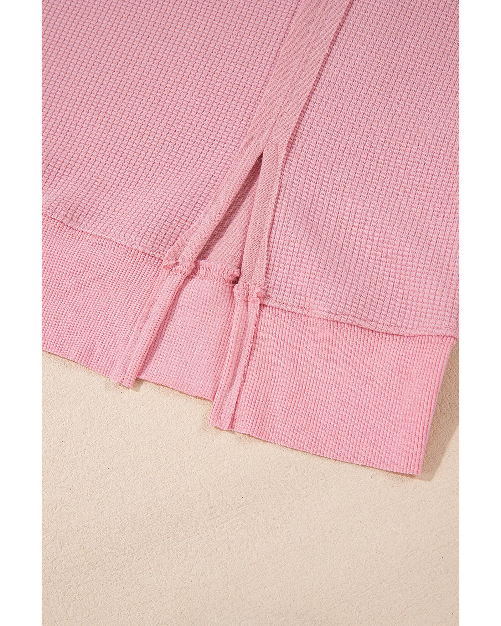Pink Waffle Knit Bishop Sleeve Split Oversized Sweatshirt - L 8