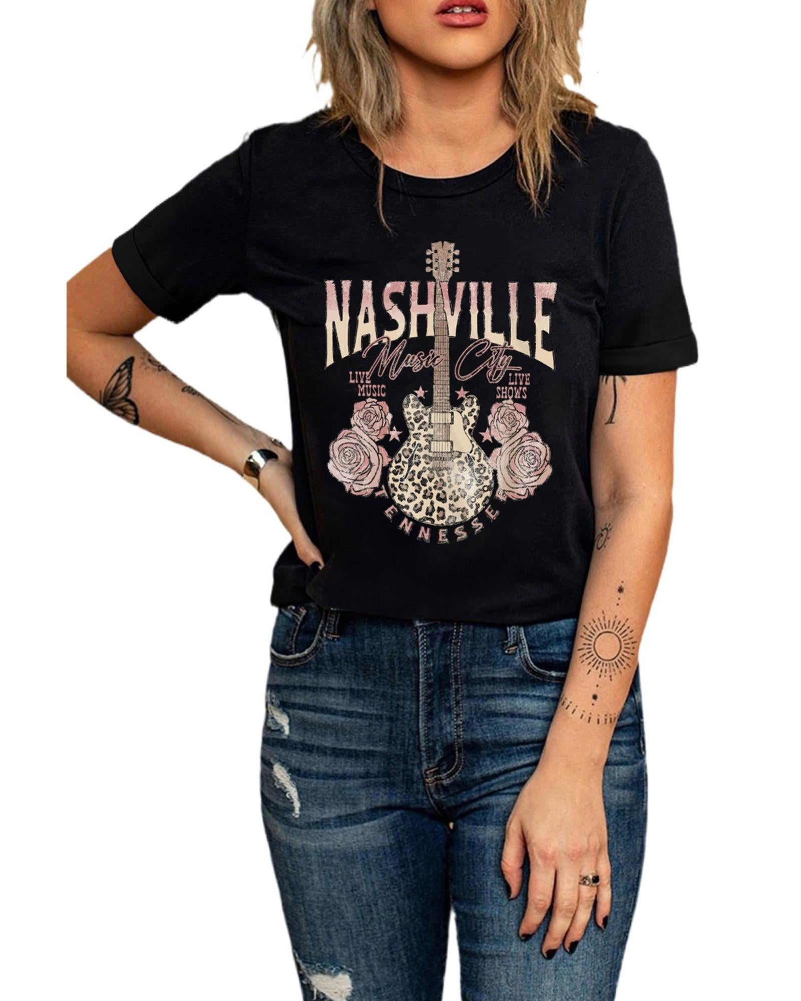 Azura Exchange Leopard Guitar Rose Print T-Shirt - M 5