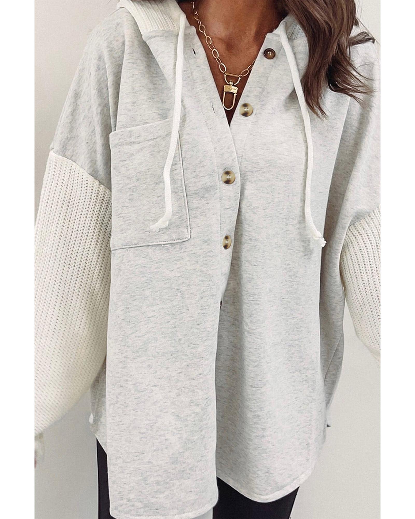 Azura Exchange Gray Button Up Contrast Knitted Sleeves Hooded Jacket - L 5