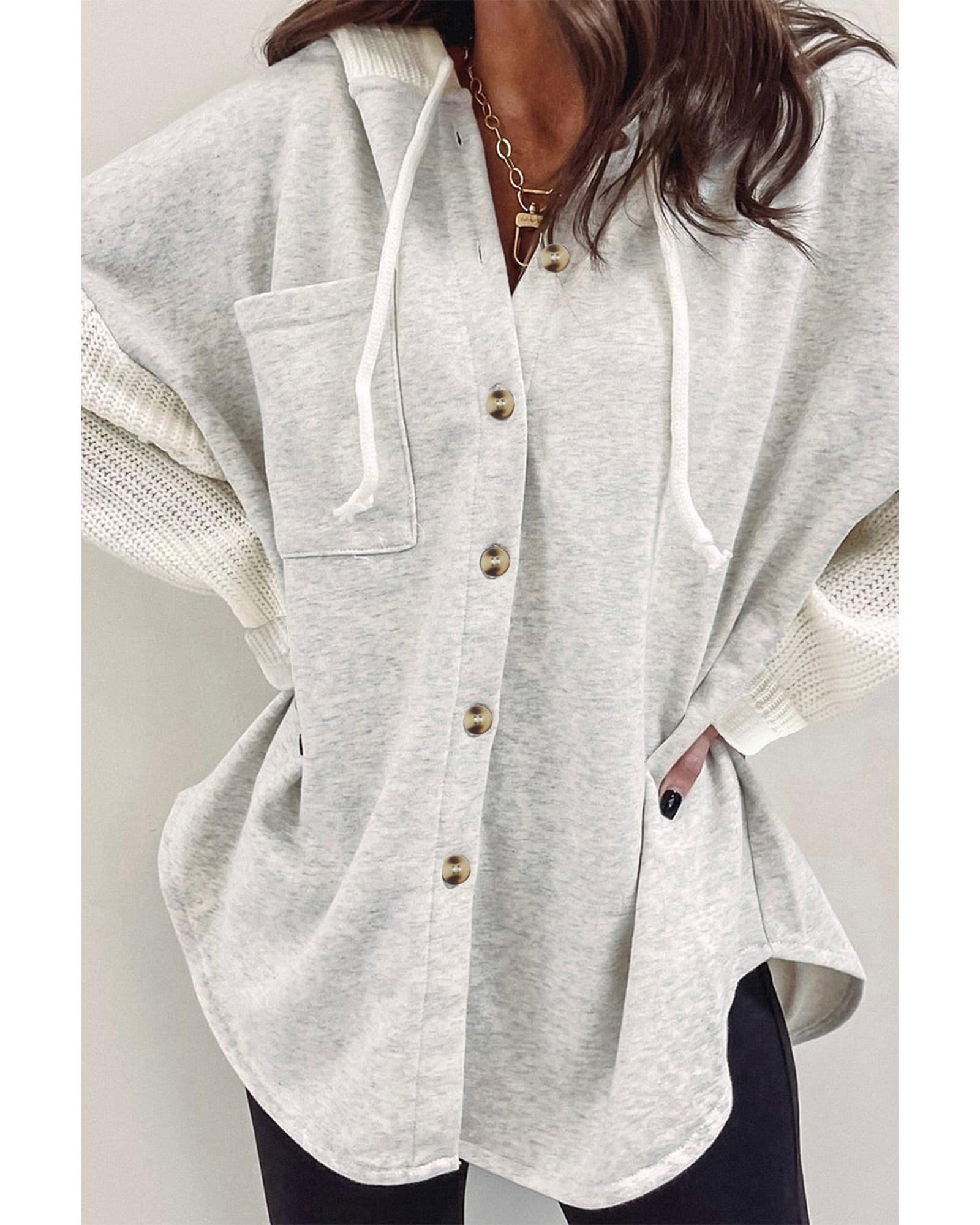 Azura Exchange Gray Button Up Contrast Knitted Sleeves Hooded Jacket - L 6